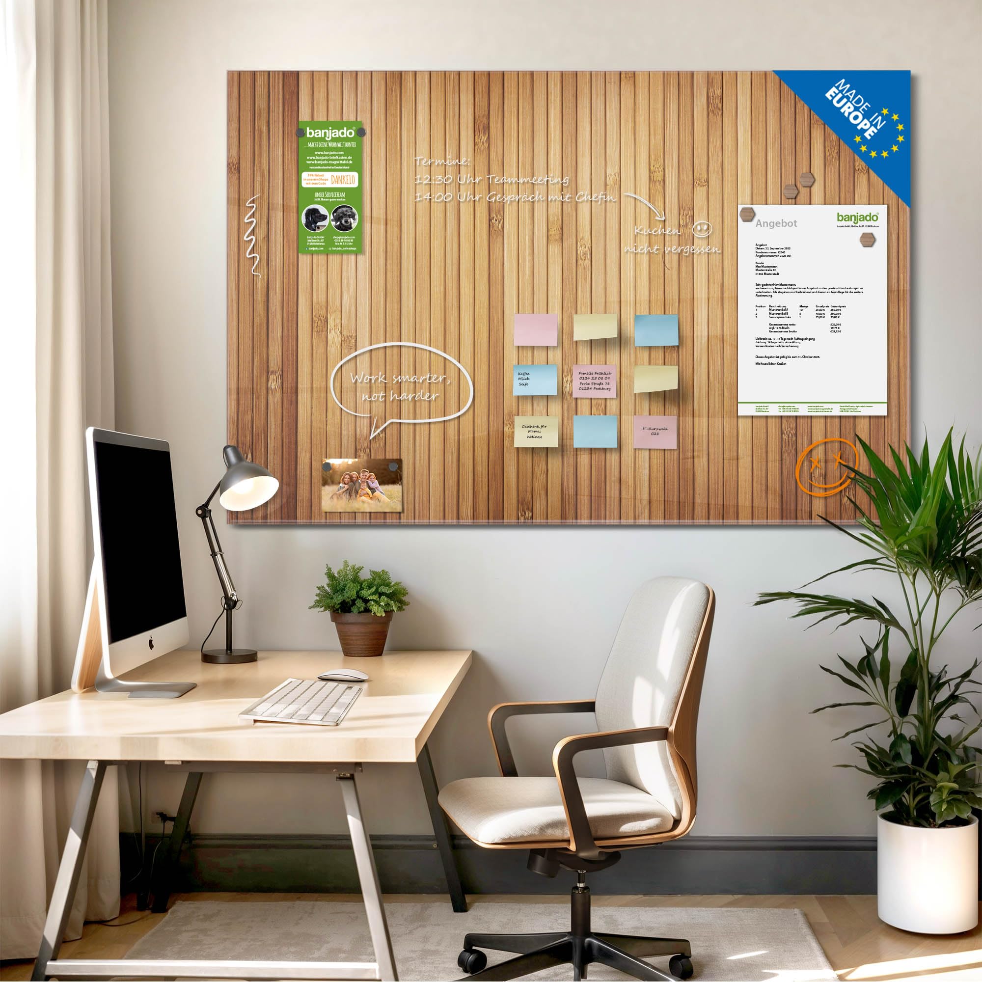 Banjado Magnettafel Bambusholz Magnetboard Glas 120x80 cm