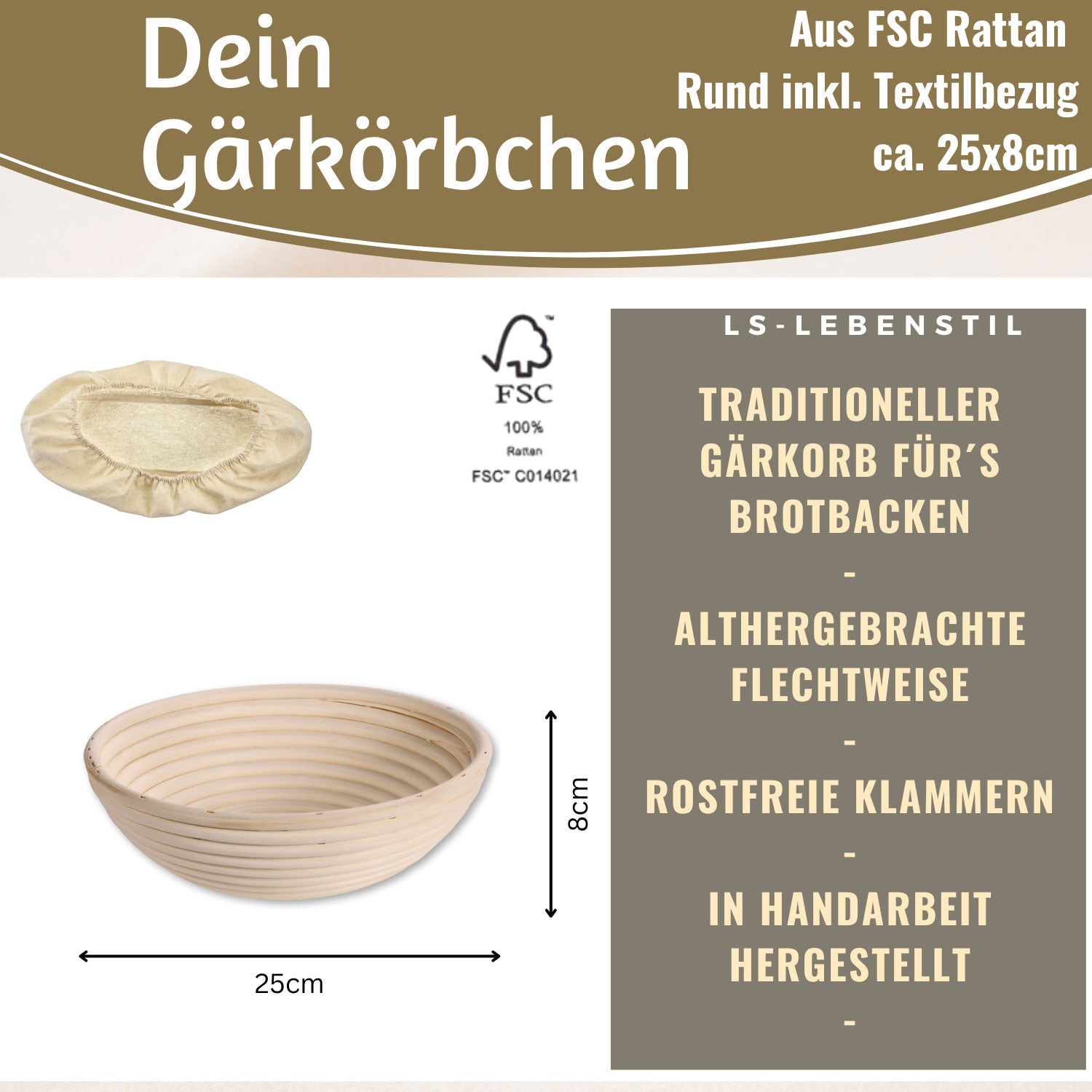 LS-LebenStil Gärkörbchen rund 25x8cm Peddigrohr Brotkorb