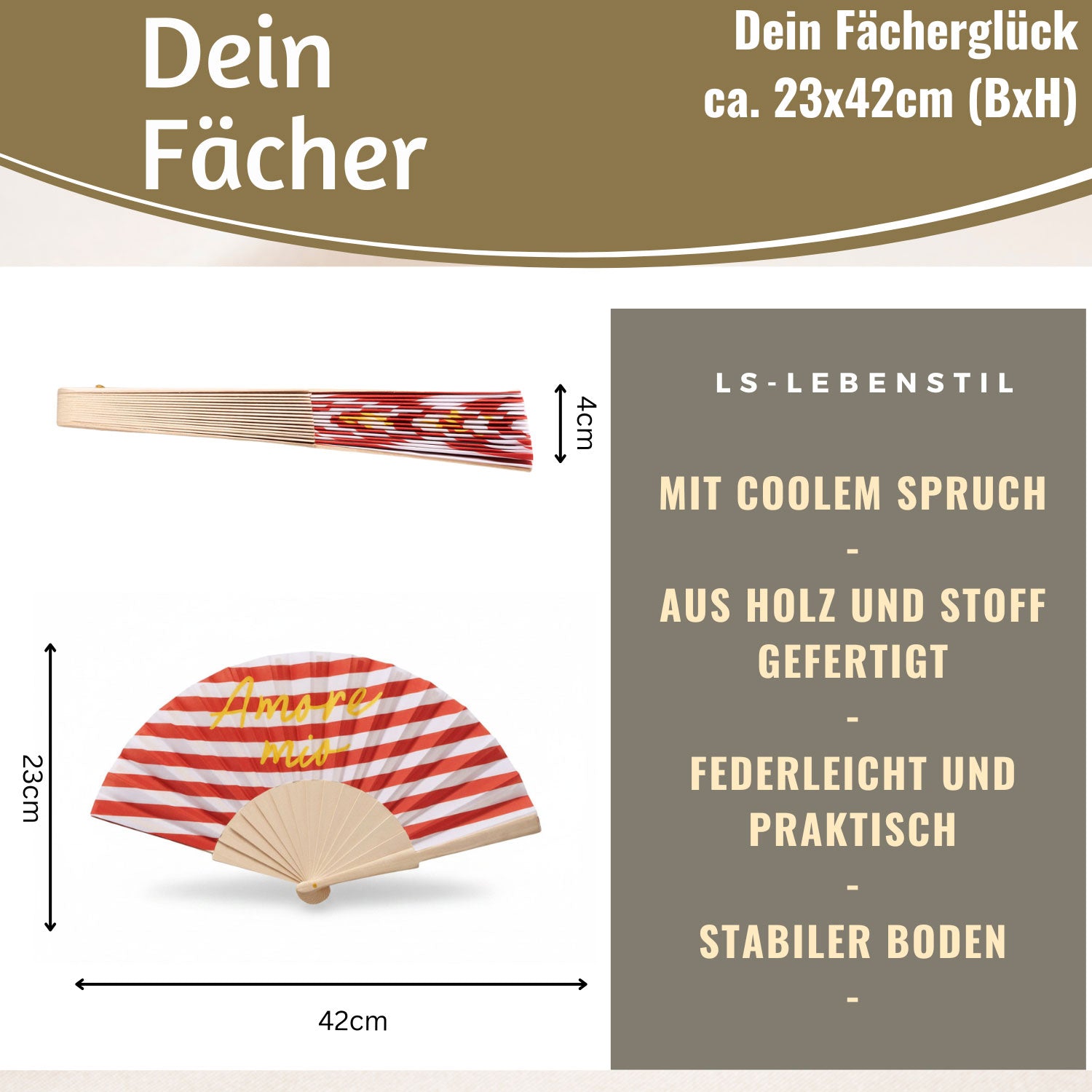 LS-LebenStil Amore Mio Handfächer rot weiß gelb Holz Stoff