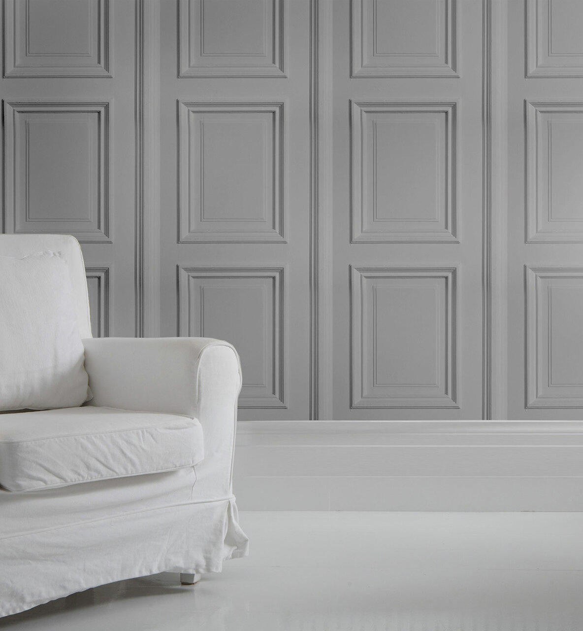 Mineheart Wallpaper White Panelling Tapete Rolle Hellgrau