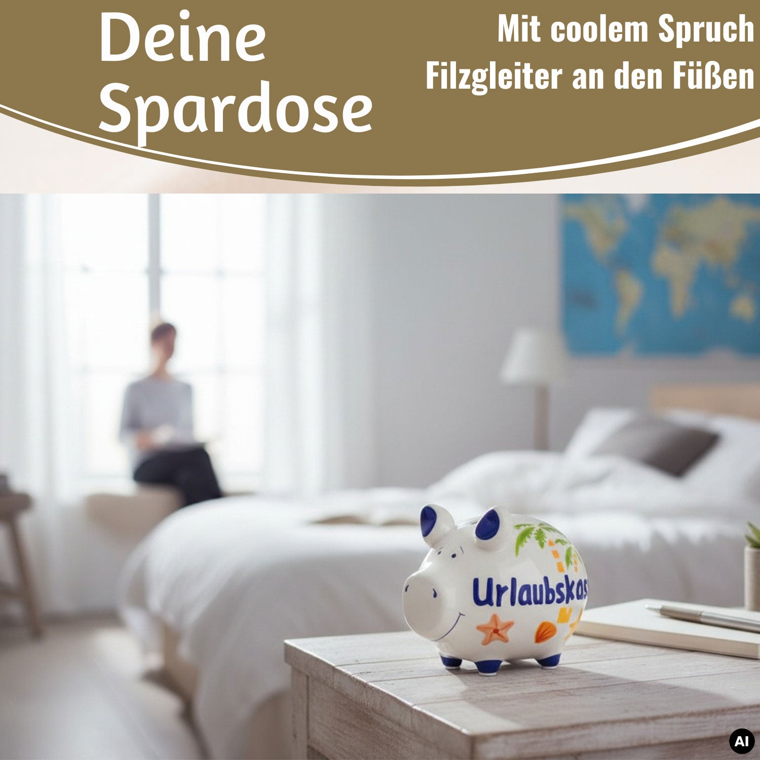 LS-LebenStil Sparschwein Urlaubskasse Keramik weiß-blau