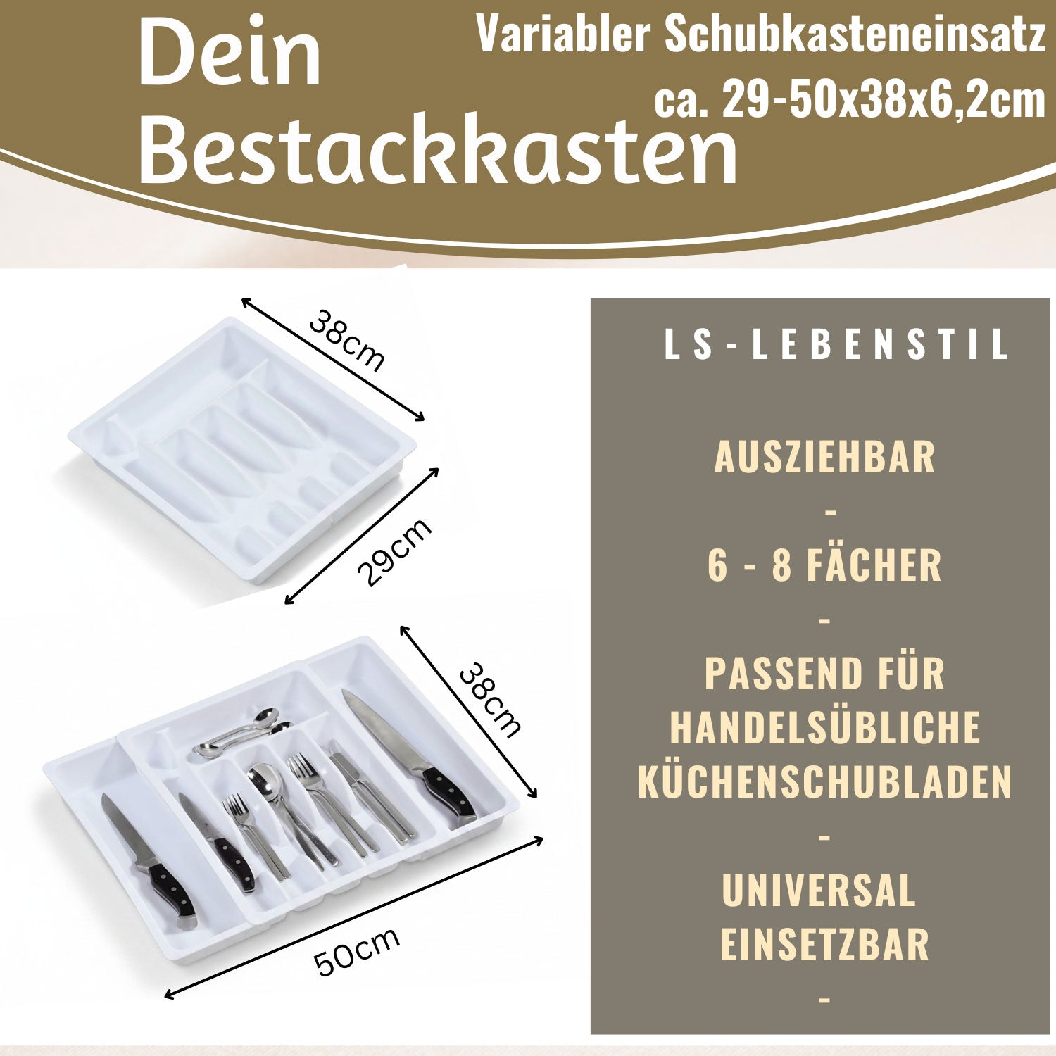LS-LebenStil Küche Schubladeneinsatz Besteckkasten 29-50cm Weiß