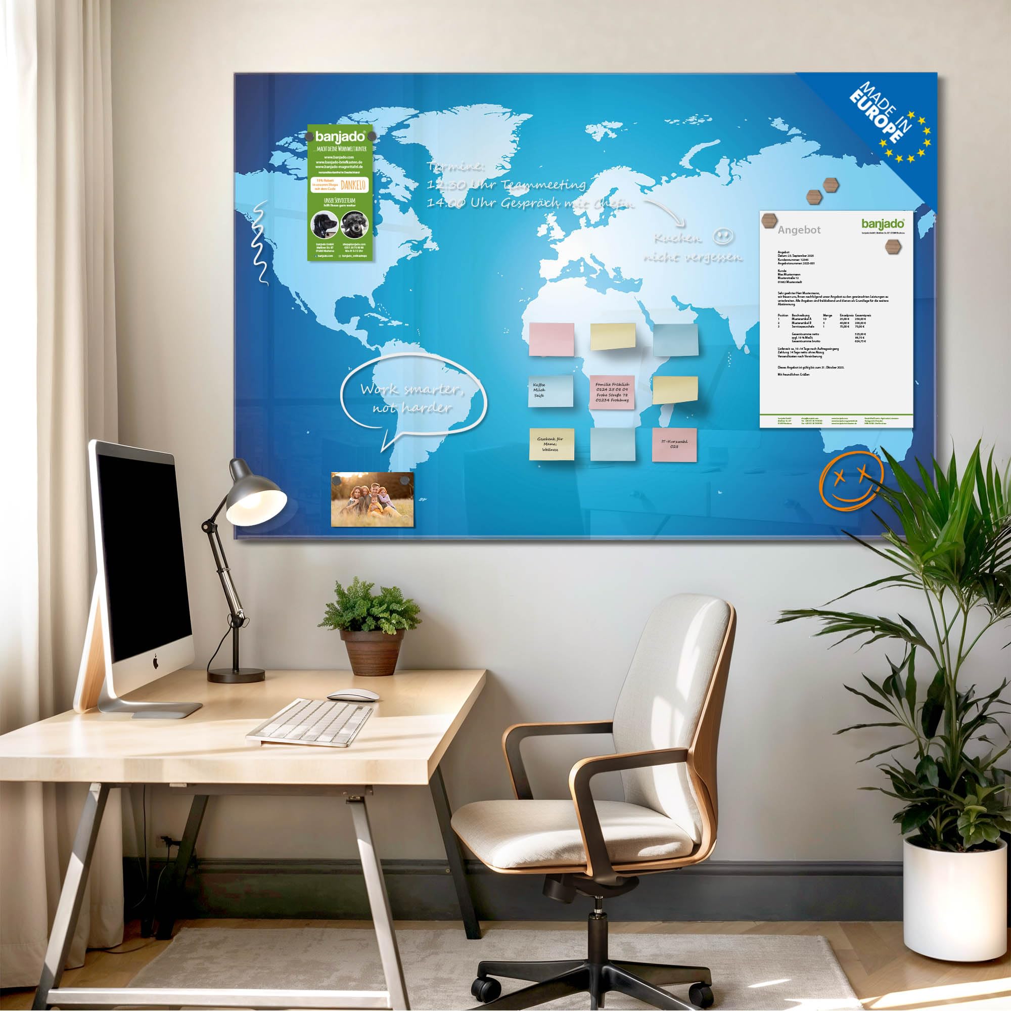 Banjado Magnettafel Weltkarte Glas 80x120 cm magnetisch