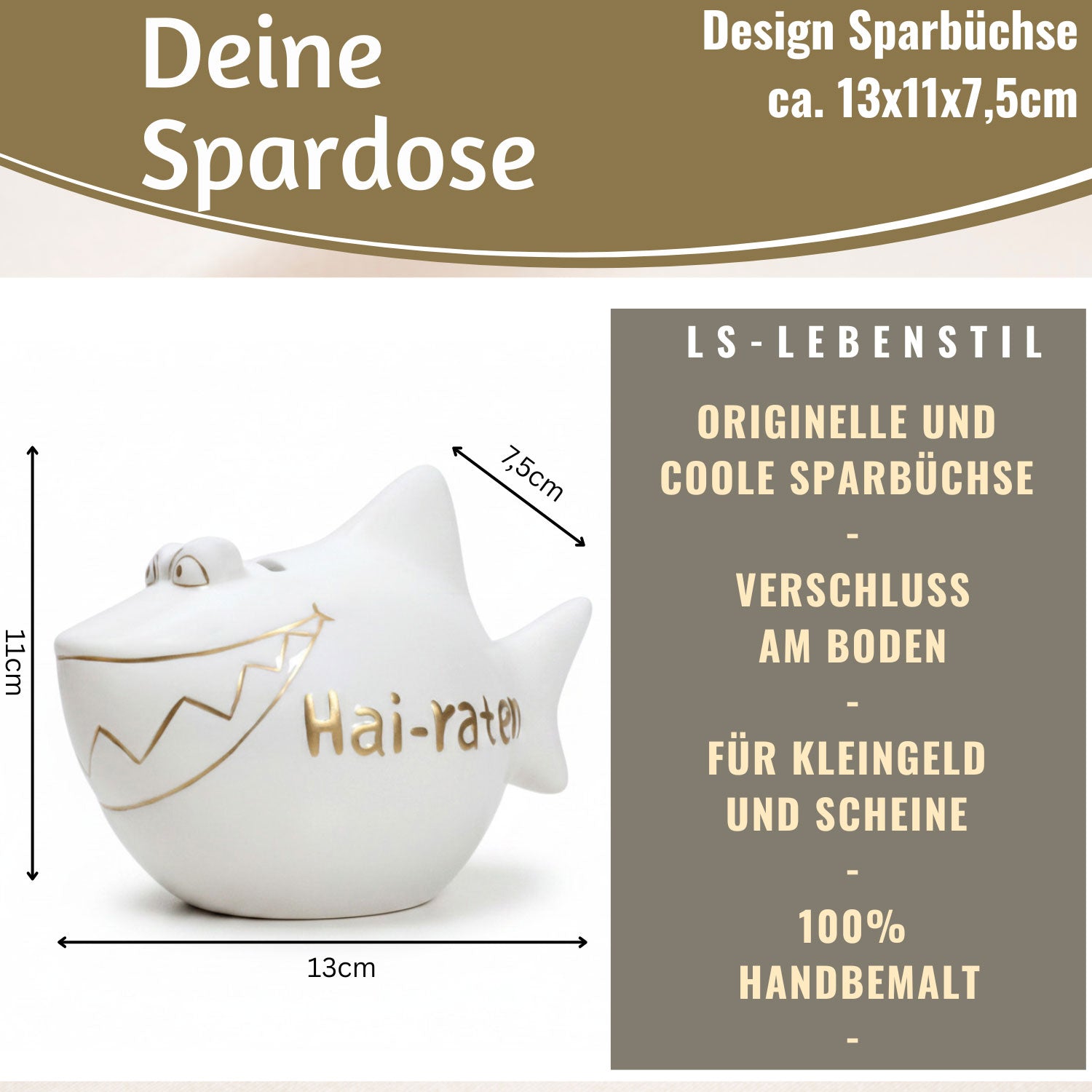 LS-LebenStil Möbel & Wohnen Hai-Raten Sparschwein Weiß Gold Keramik