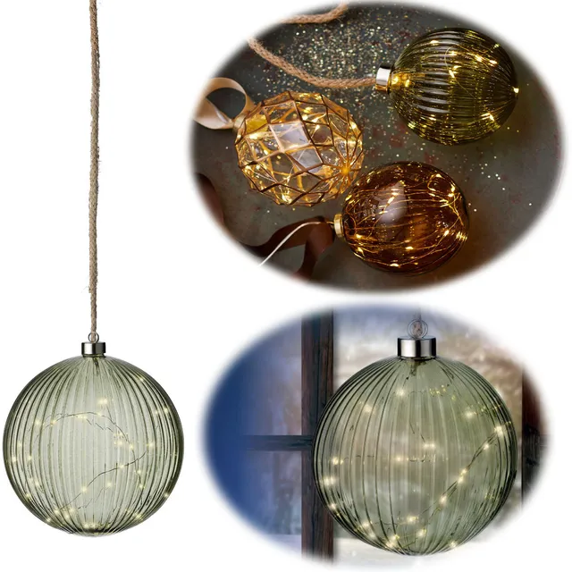 LS-LebenStil Kampen XL Deko Lichtkugel 14cm Grün Silber 30 LED