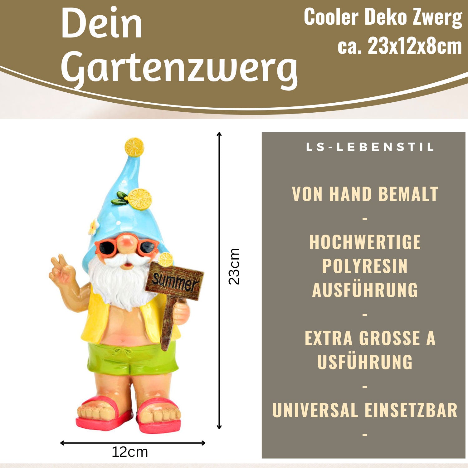 LS-LebenStil Summer Gartenzwerg XL Deko Figur 23cm