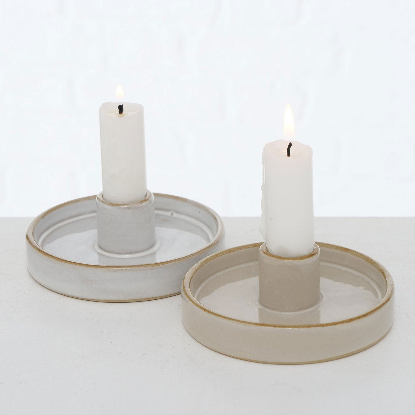 LS-LebenStil Keramik Kerzenständer 2er Set 10cm Beige Grau