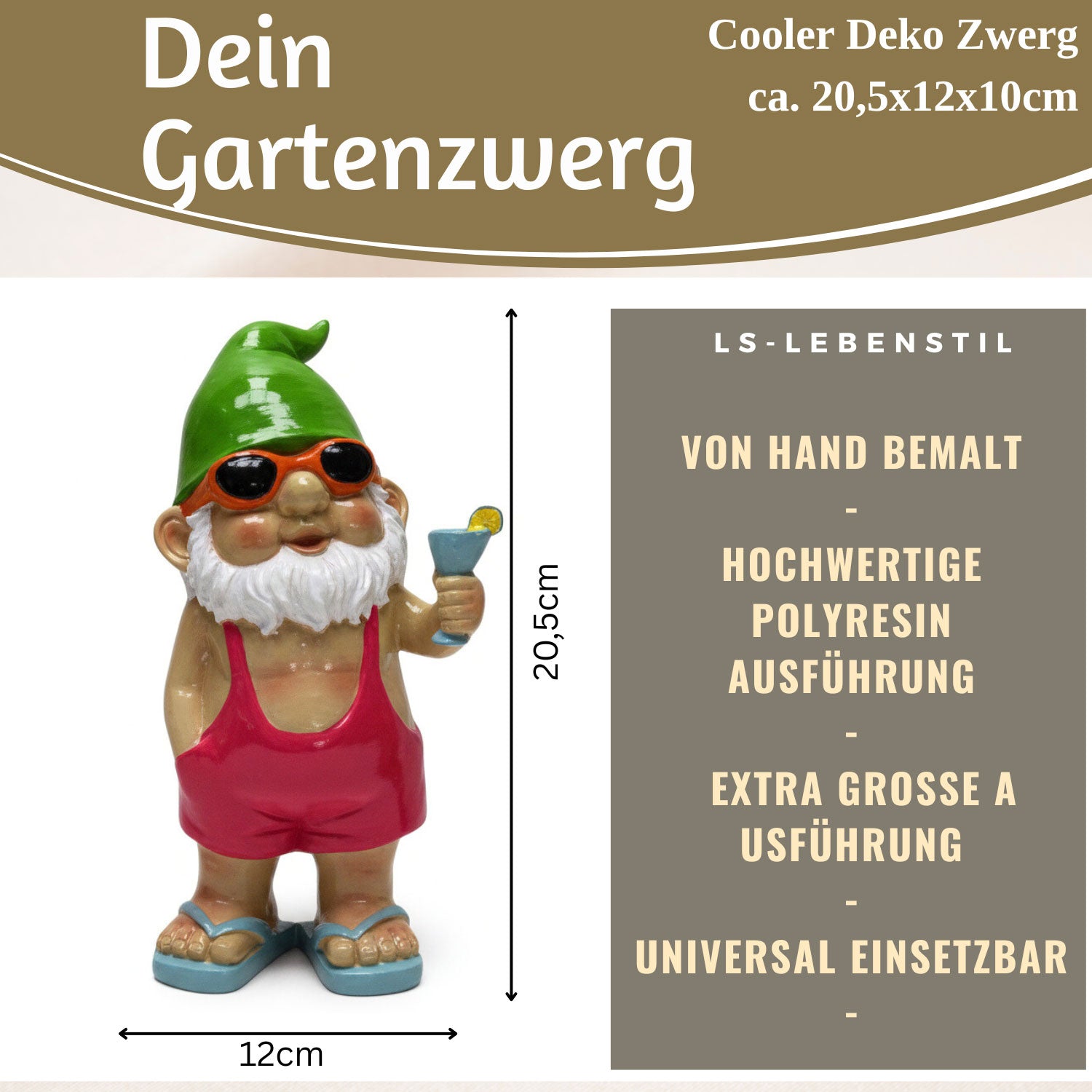 LS-LebenStil Gartenzwerg Cocktail 20 cm Polyresin handbemalt