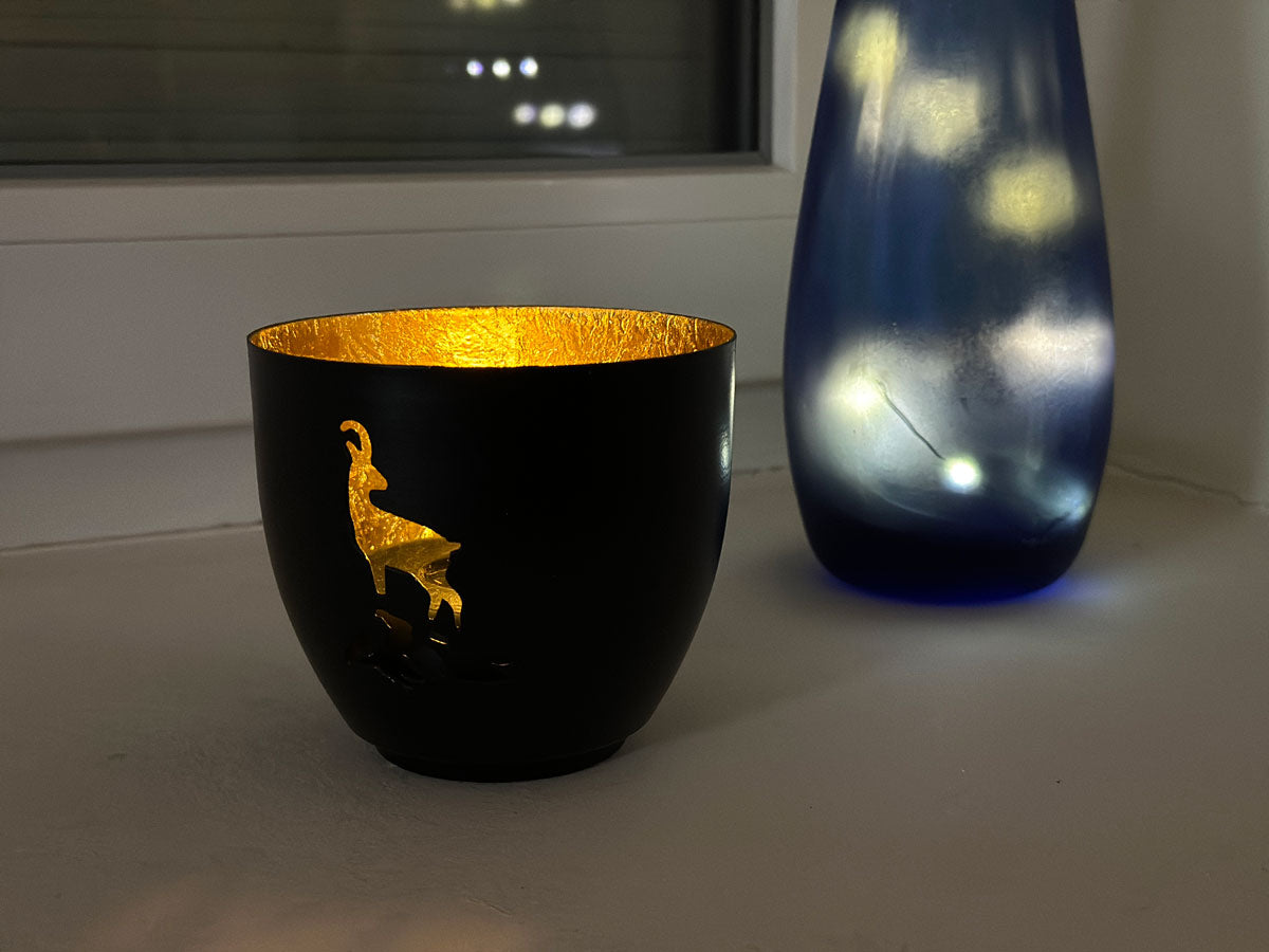 LS-LebenStil Steinbock Teelichthalter Schwarz Gold 9cm