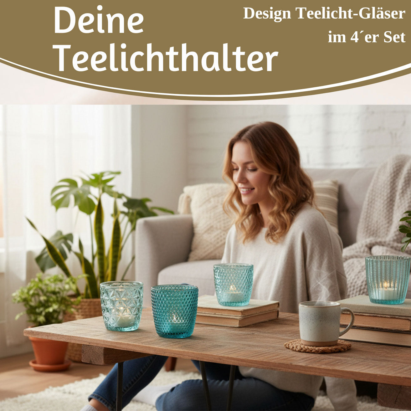 LS-LebenStil Küche & Haushalt Teelichthalter Glas türkis 7cm 4er Set