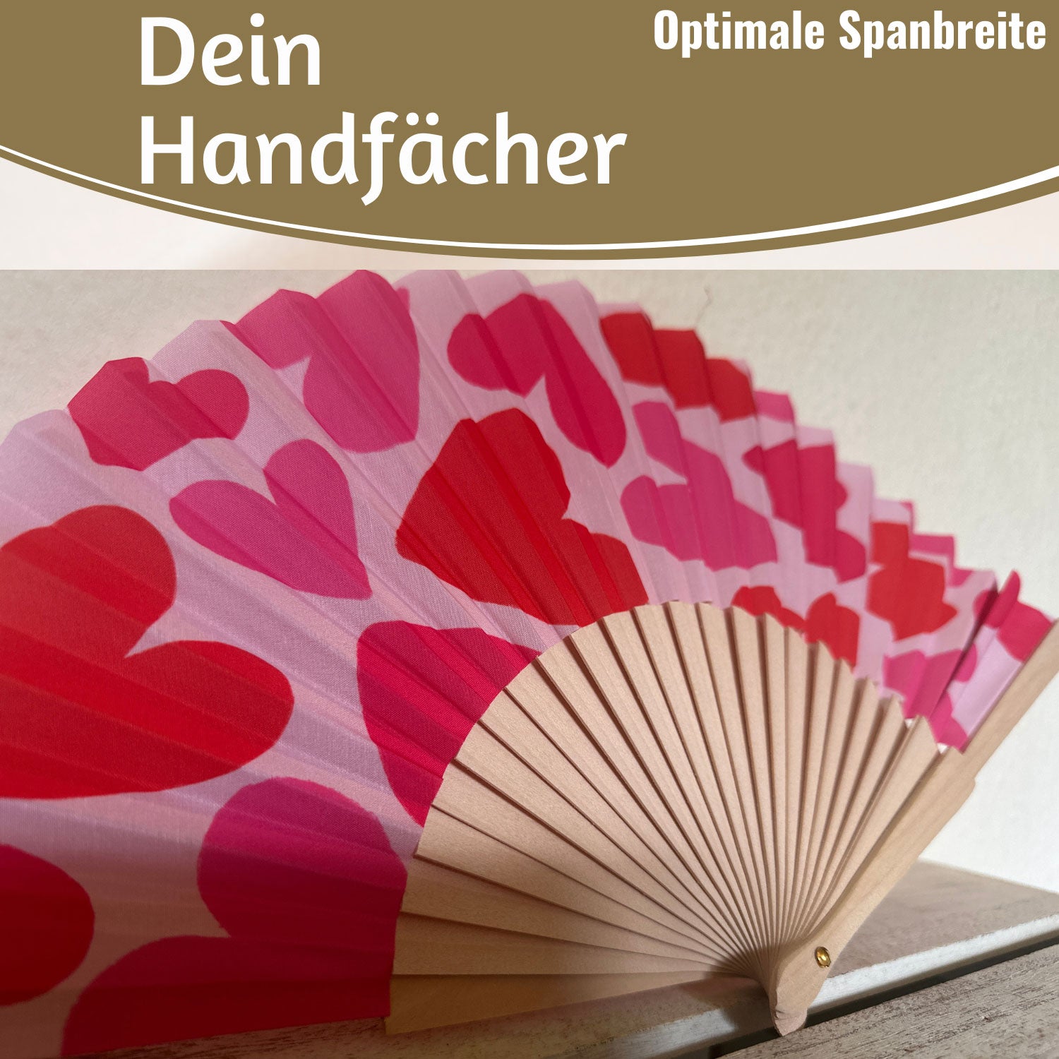 LS-LebenStil Herzen Handfächer Holz Stoff Rot Pink 42cm faltbar