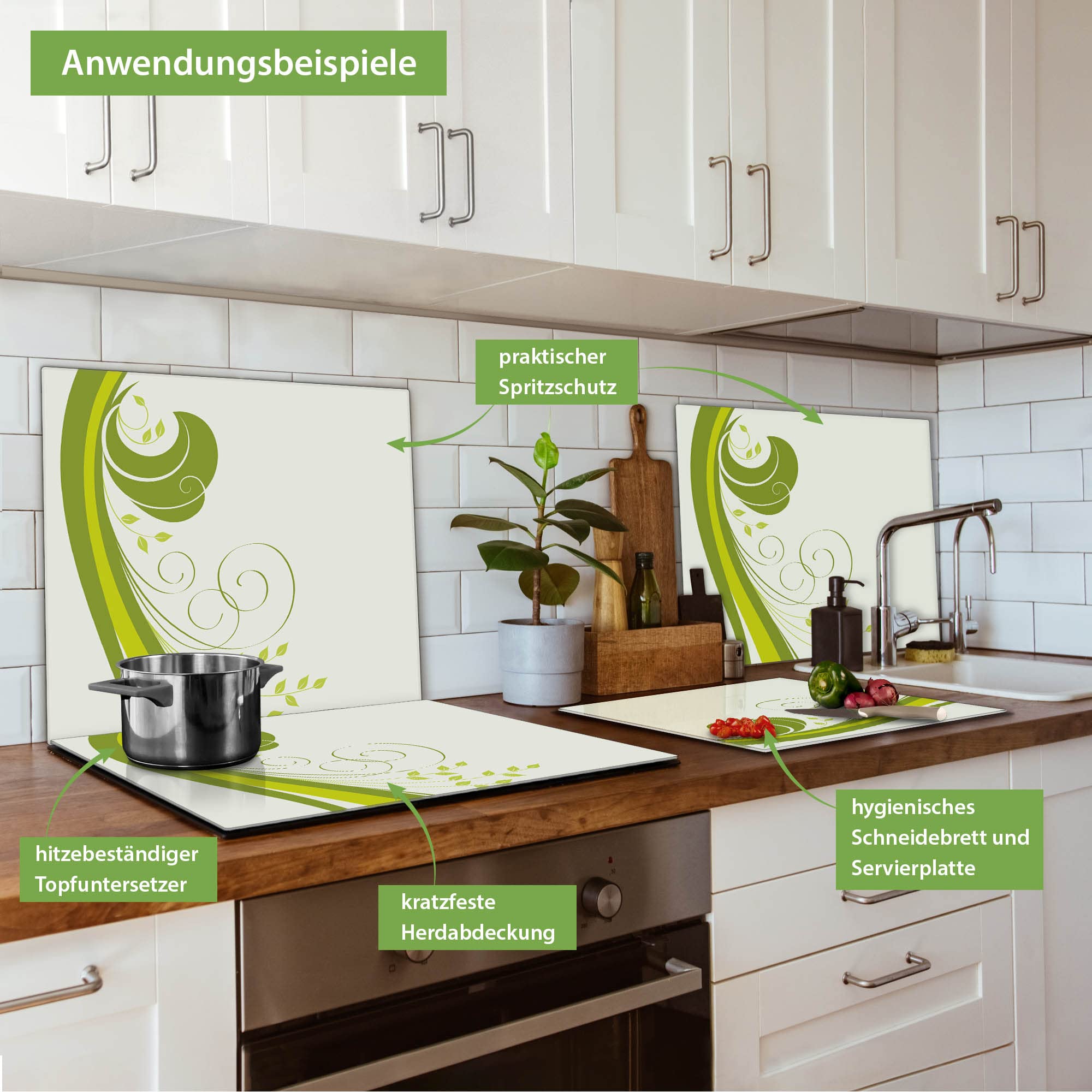 Banjado Herdabdeckplatten Green Swirl Glas 60x52cm 1-teilig