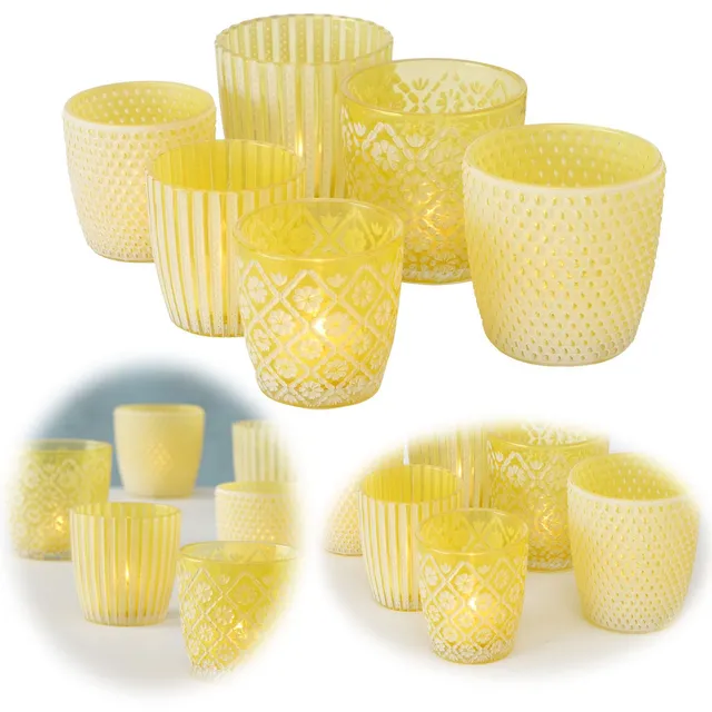 Boltze Teelichthalter Glas Retro gelb 7-9cm 6er Set Windlicht