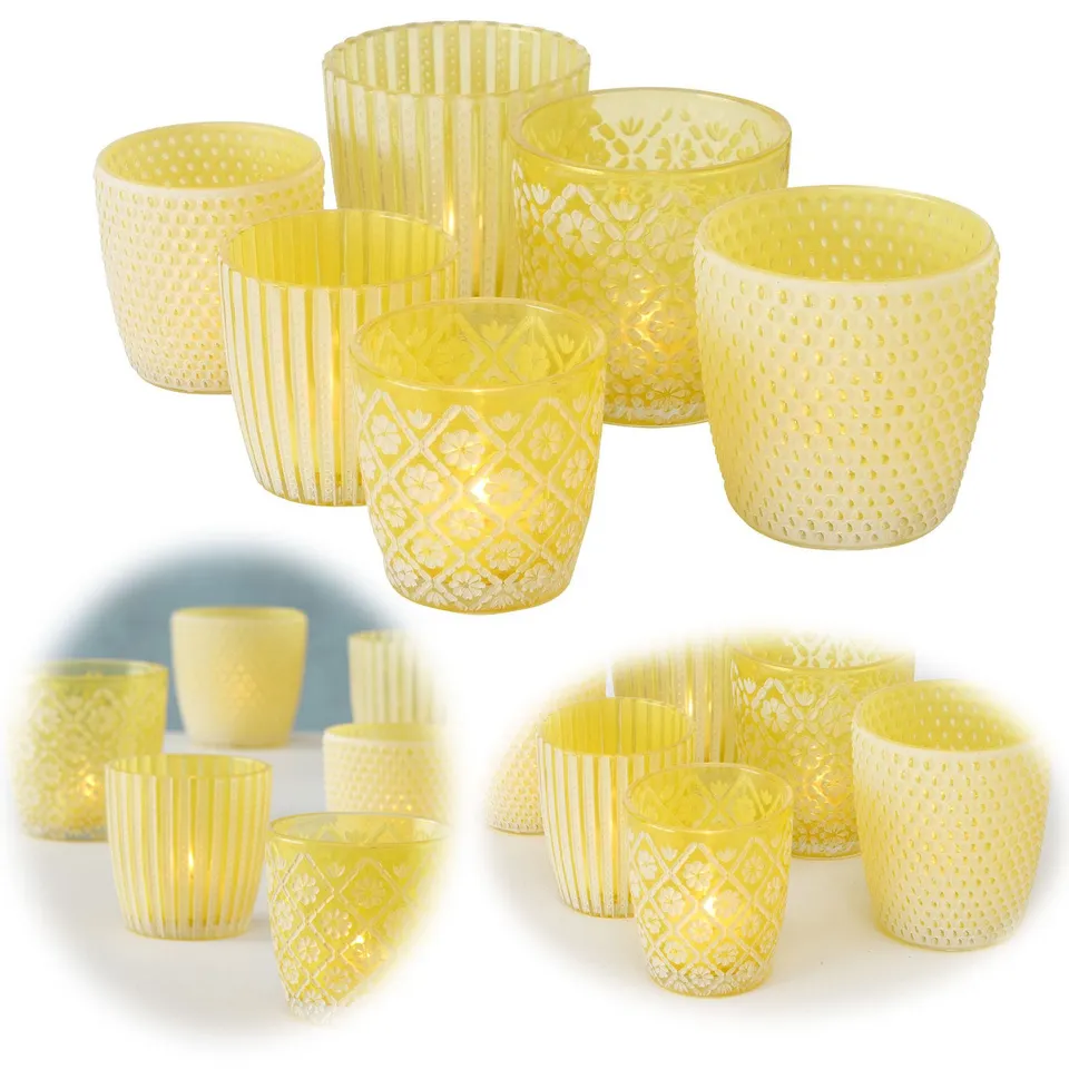 Boltze Teelichthalter Glas Retro gelb 7-9cm 6er Set Windlicht