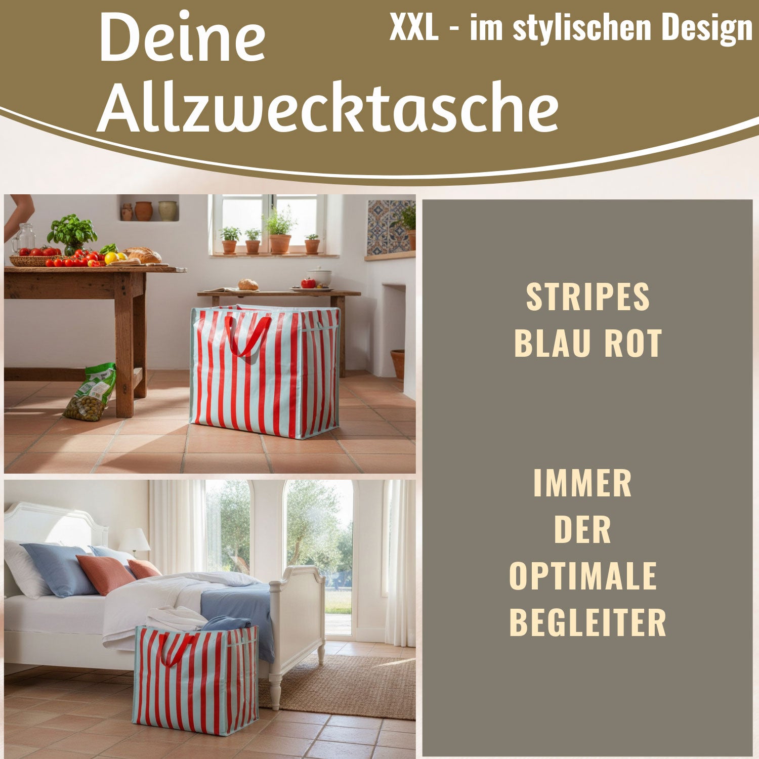 LS-LebenStil Shopper Jumbo Bag XXL Blau Rot 55cm Streifen