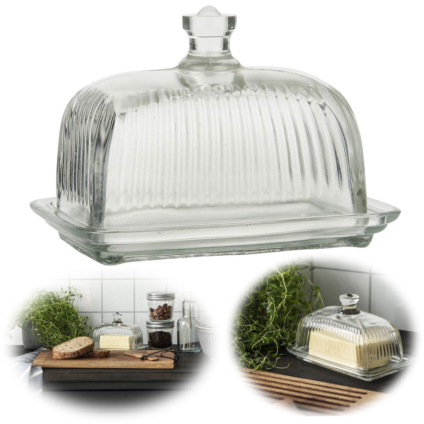 LS-LebenStil Möbel Butterdose Glas Vintage 17x12cm Deckel