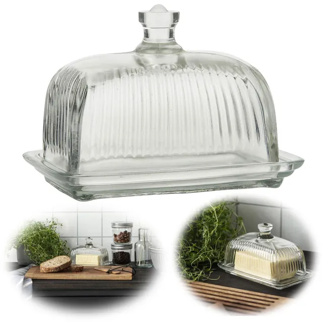 LS-LebenStil Möbel Butterdose Glas Vintage 17x12cm Deckel