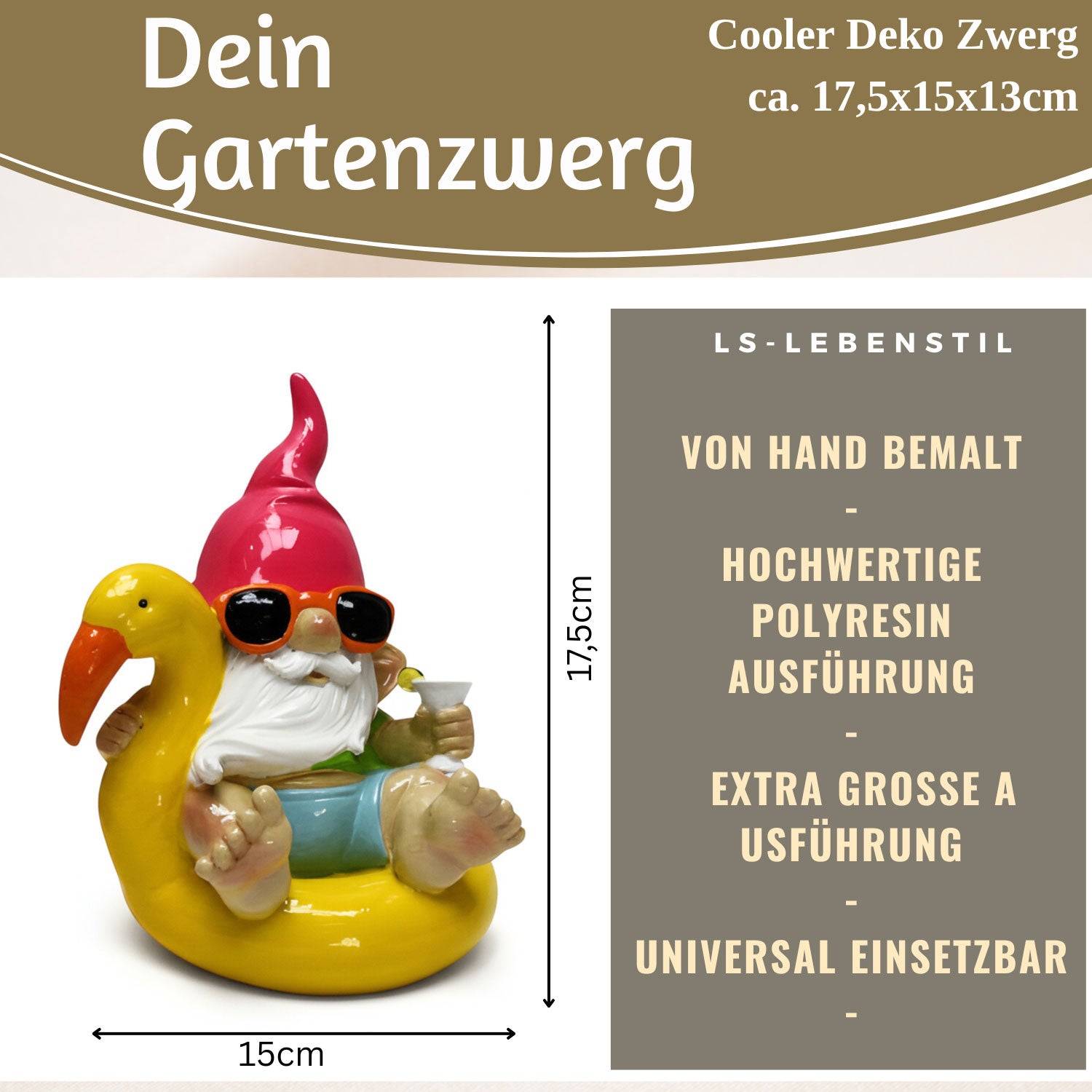 LS-LebenStil Gartenzwerg Gelb Sitzend Dekofigur 17cm