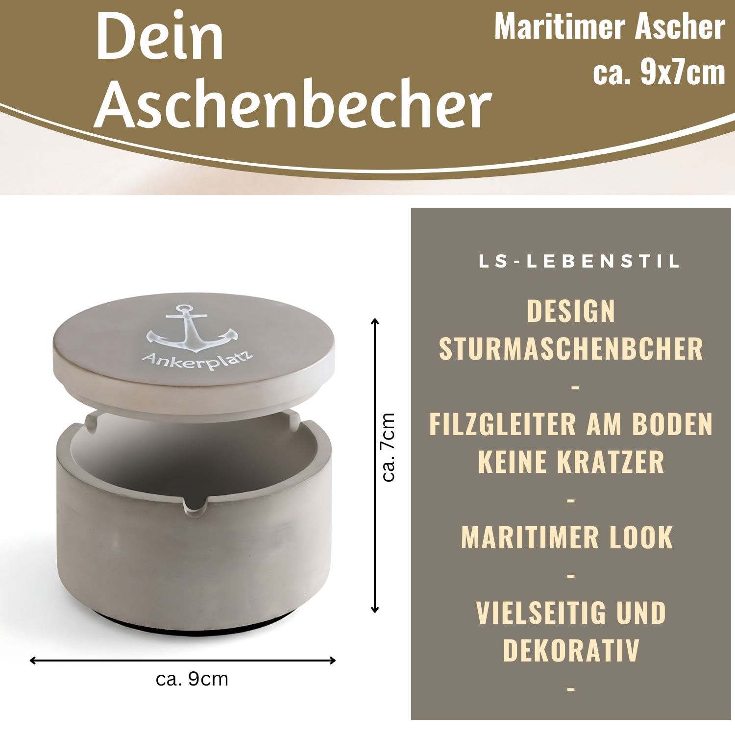 LS-LebenStil Ankerplatz Aschenbecher Beton 9x7cm Grau
