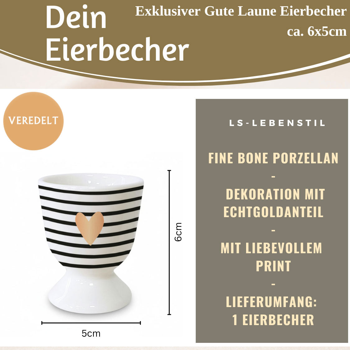 LS-LebenStil Küche & Haushalt Herz Gold Eierbecher Porzellan Schwarz