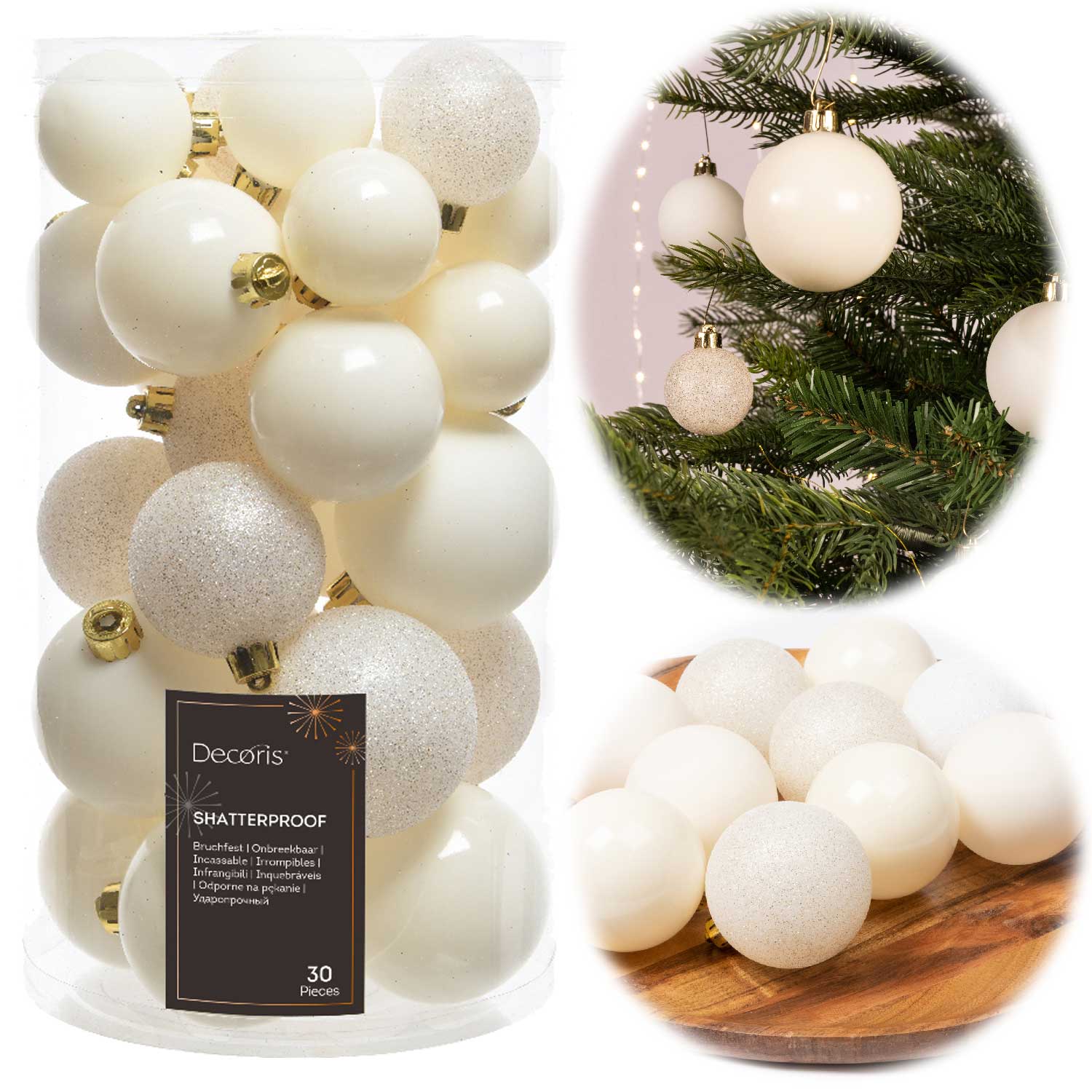 LS-LebenStil Weihnachtskugeln Woll-Weiß 30er Set 4-6cm