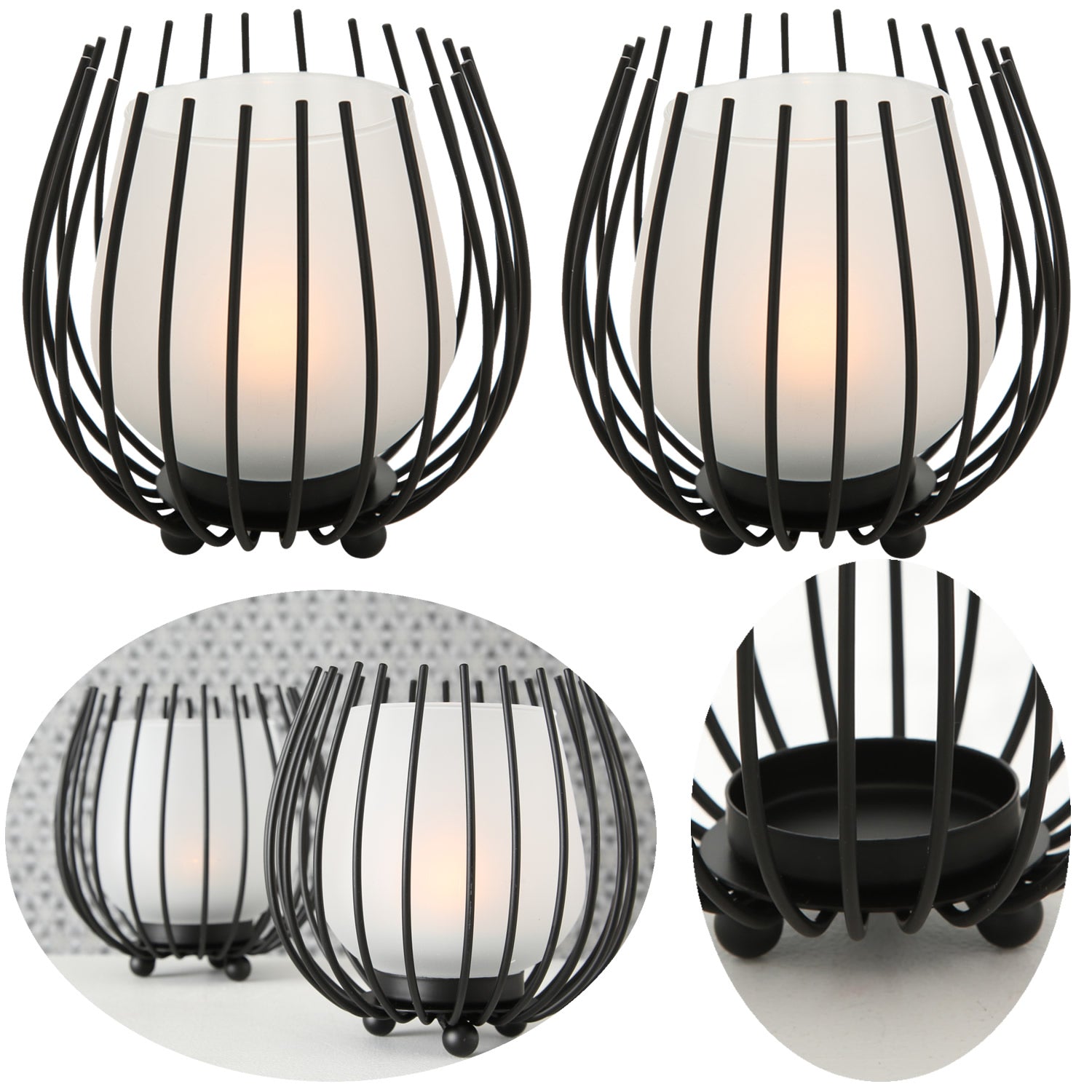 LS-LebenStil Kugel Gitter Windlicht 2er-Set Schwarz Milchglas 12cm