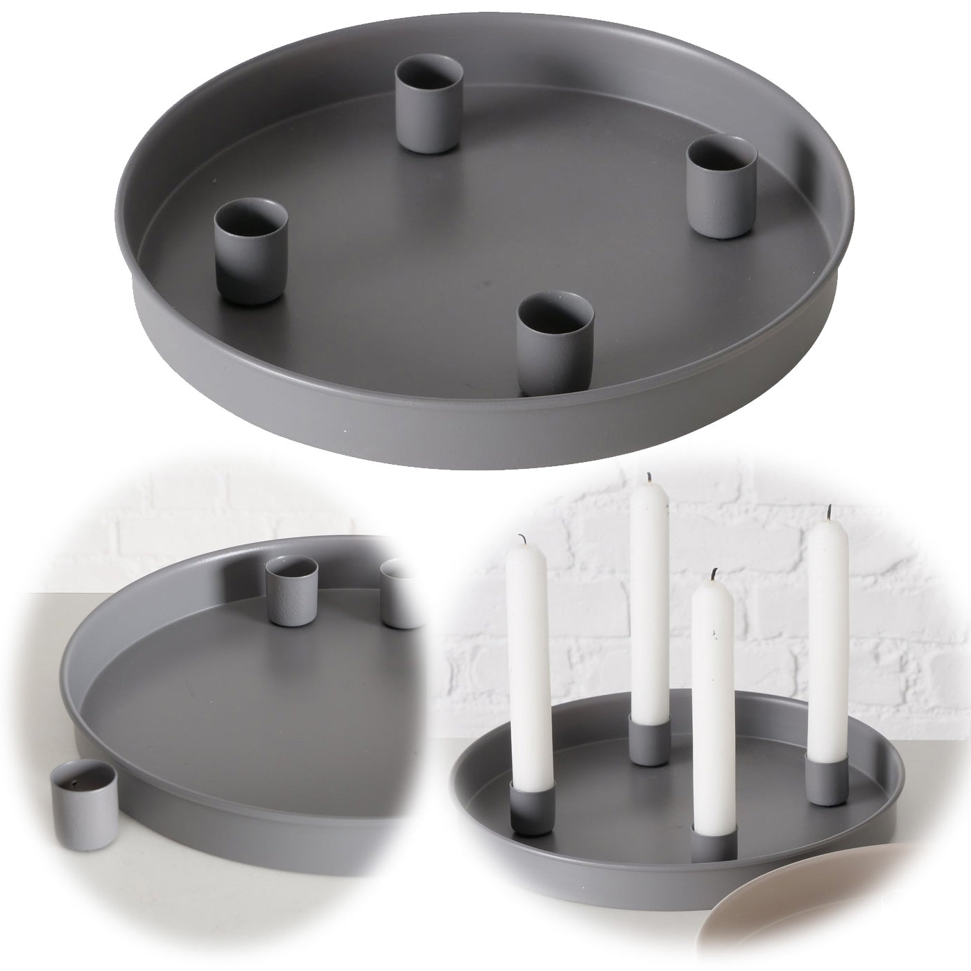 LS-LebenStil Sylt Kerzentablett grau Ø25cm für 4 Stabkerzen