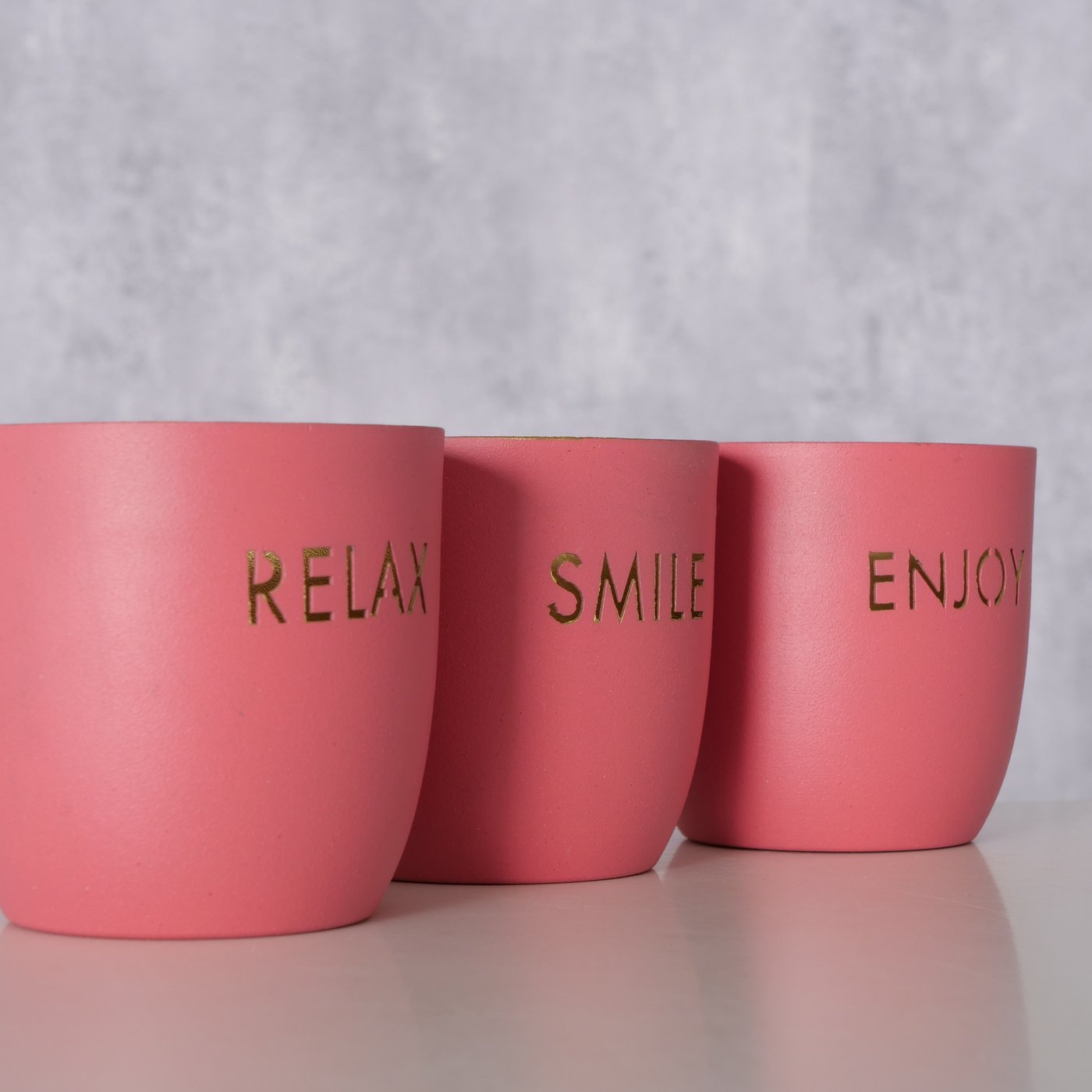 Relax Enjoy Smile Teelichthalter Metall Rosa Gold 7 cm 3er Set