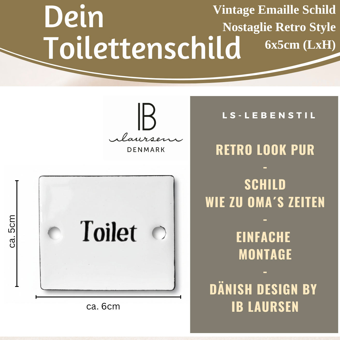 LS-LebenStil Toilet Türschild Emaille weiß 6x5 cm Retro