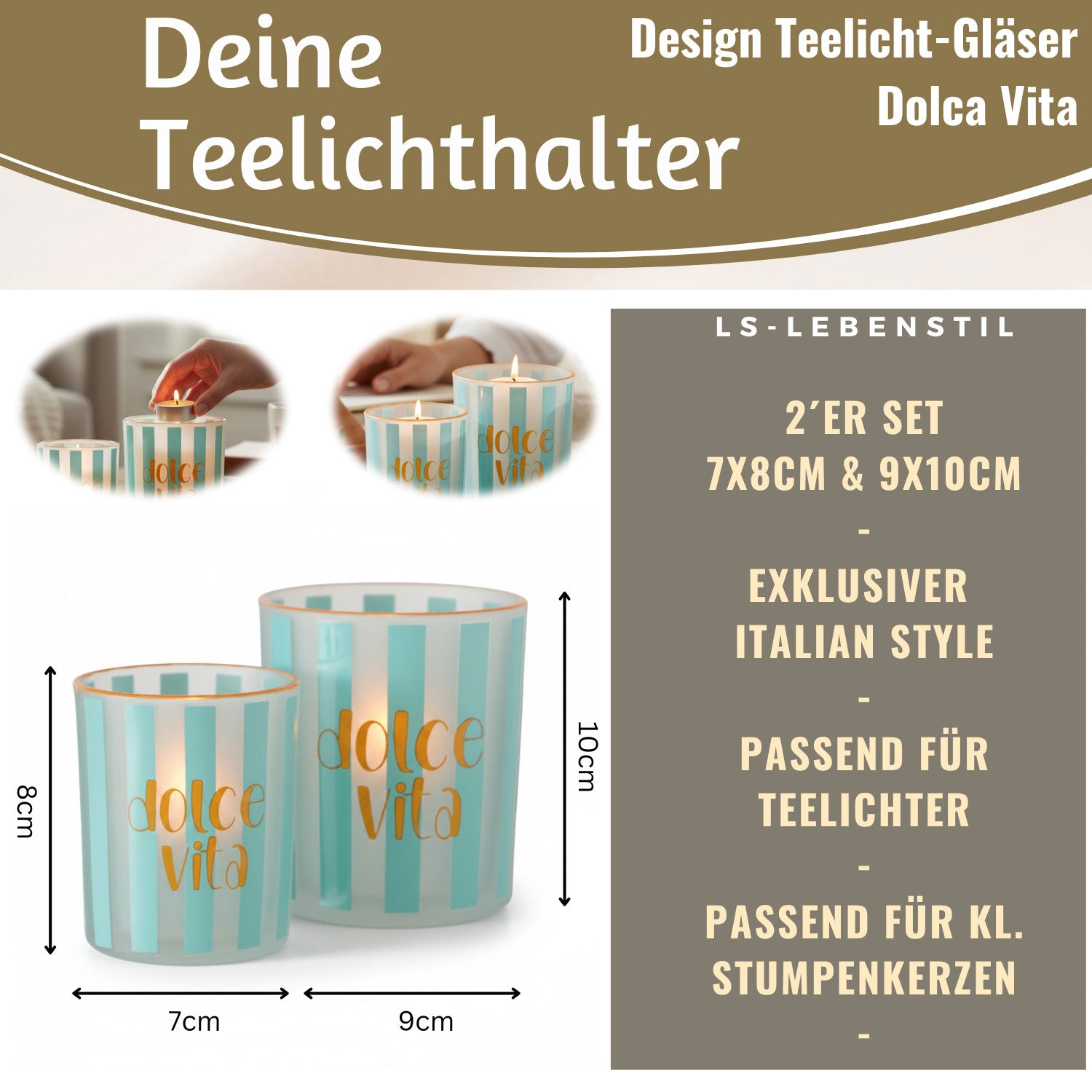 LS-LebenStil Dolce Vita Teelichthalter Glas 2er Türkis Gold