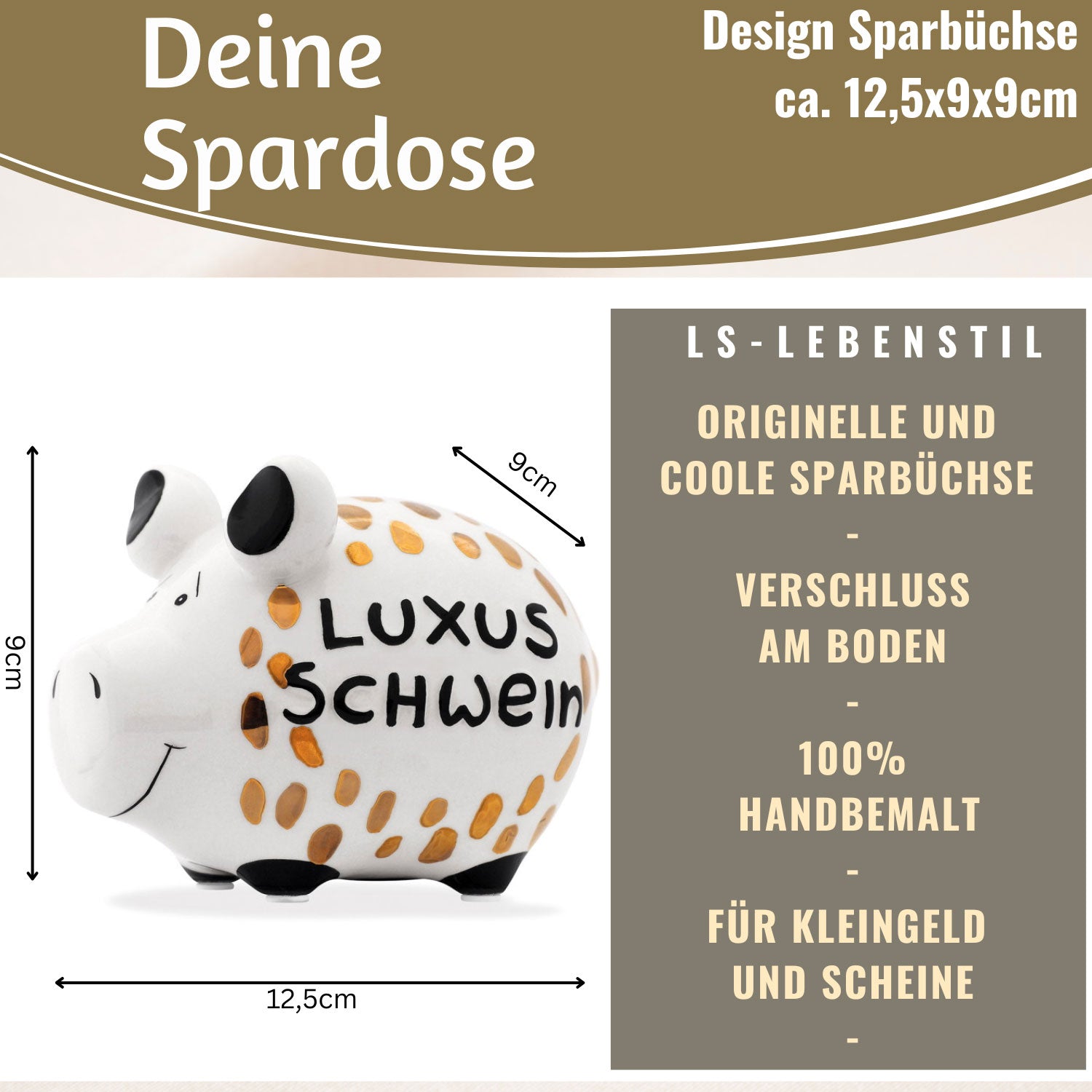LS-LebenStil Luxus Schwein Sparschwein 12,5cm weiß gold Keramik