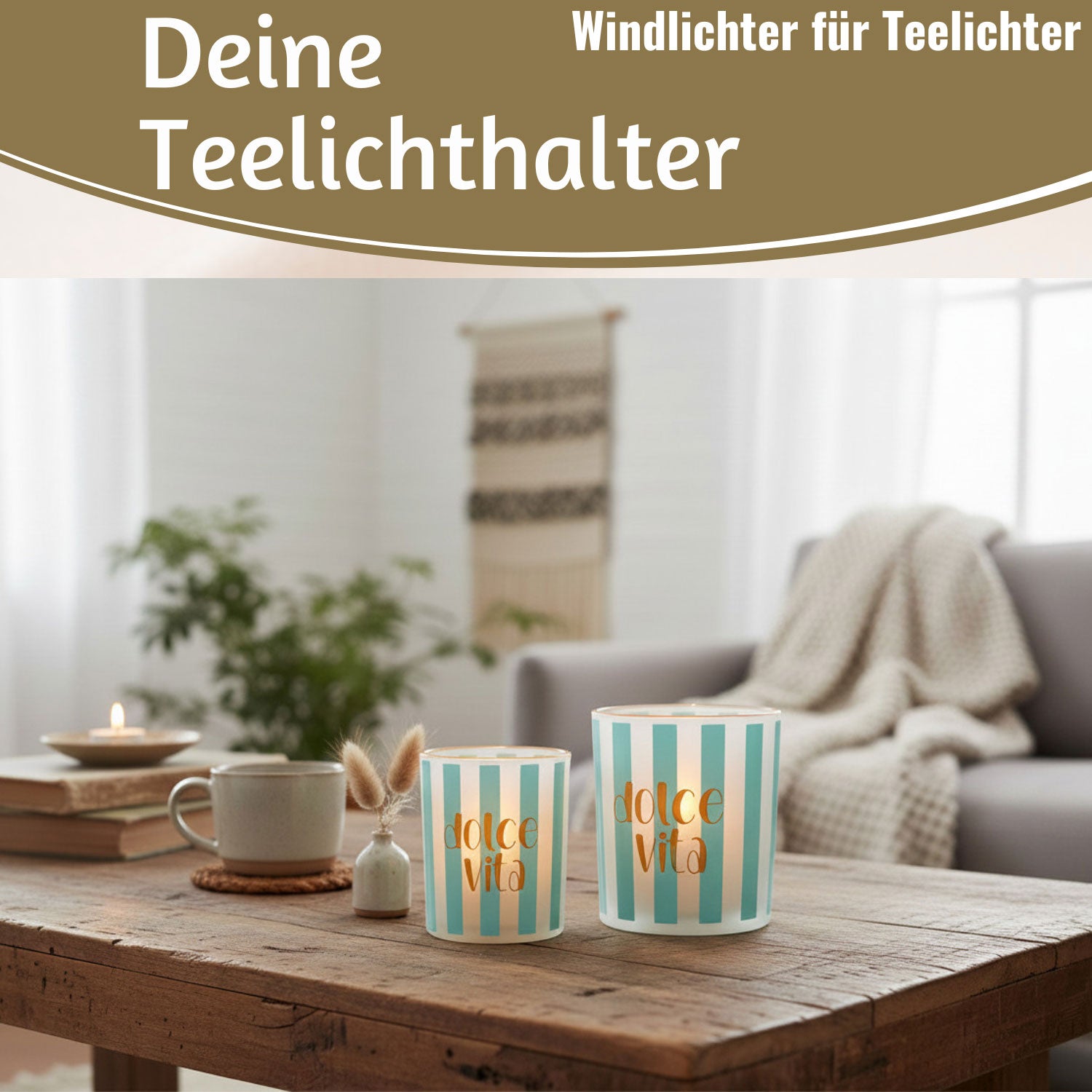 LS-LebenStil Dolce Vita Teelichthalter Glas 2er Türkis Gold