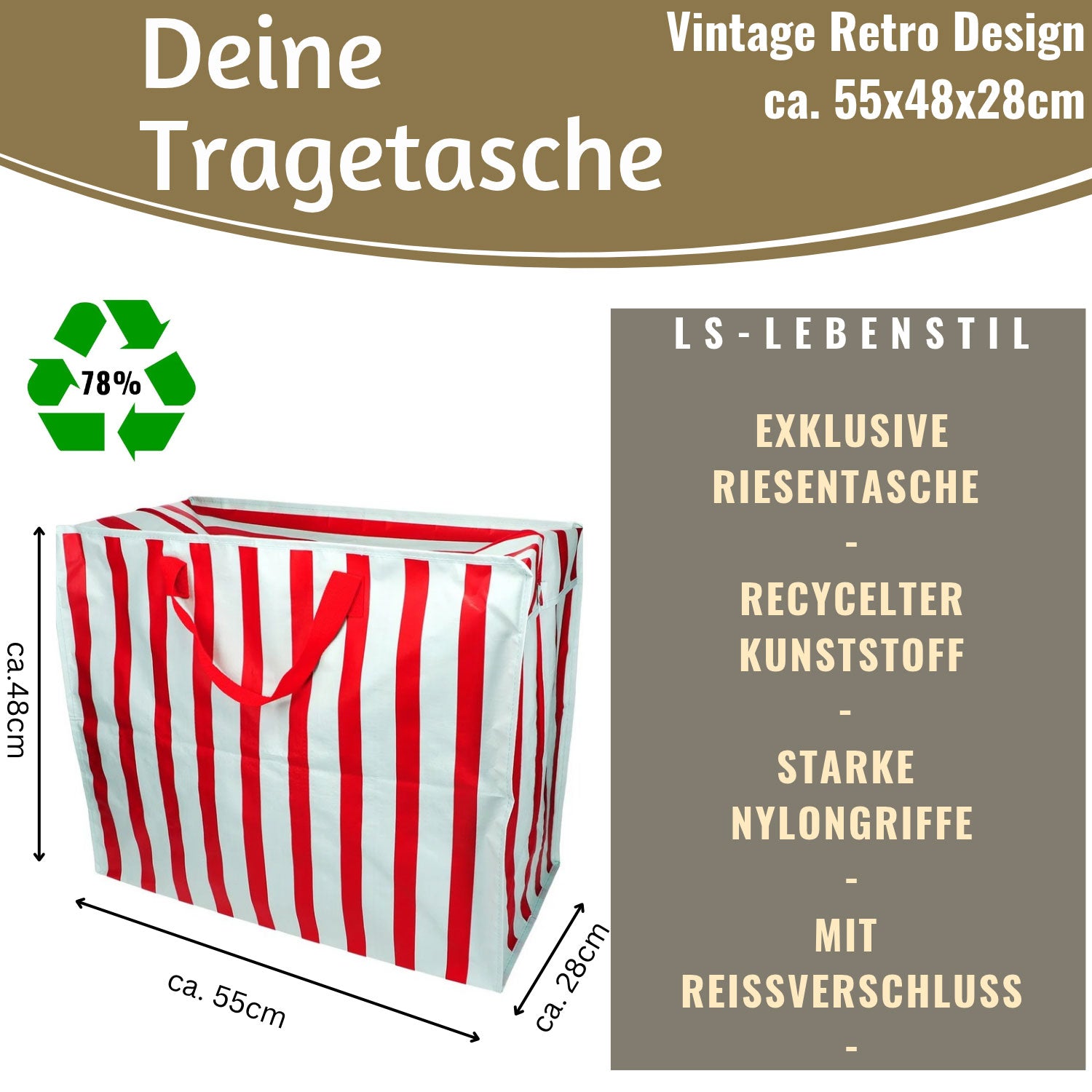 LS-LebenStil Shopper Jumbo Bag XXL Blau Rot 55cm Streifen