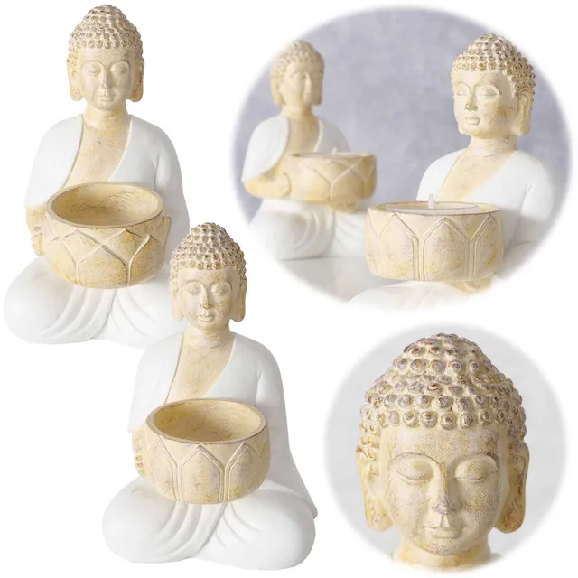 LS-LebenStil Buddha Teelichthalter 2er-Set Beige Weiß 15cm