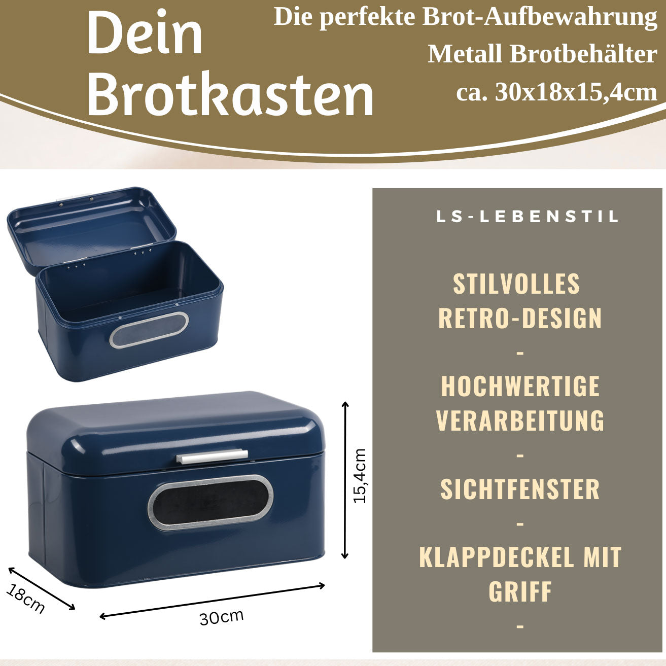 LS-LebenStil Brotkasten Vintage 30cm Metall blau Retro