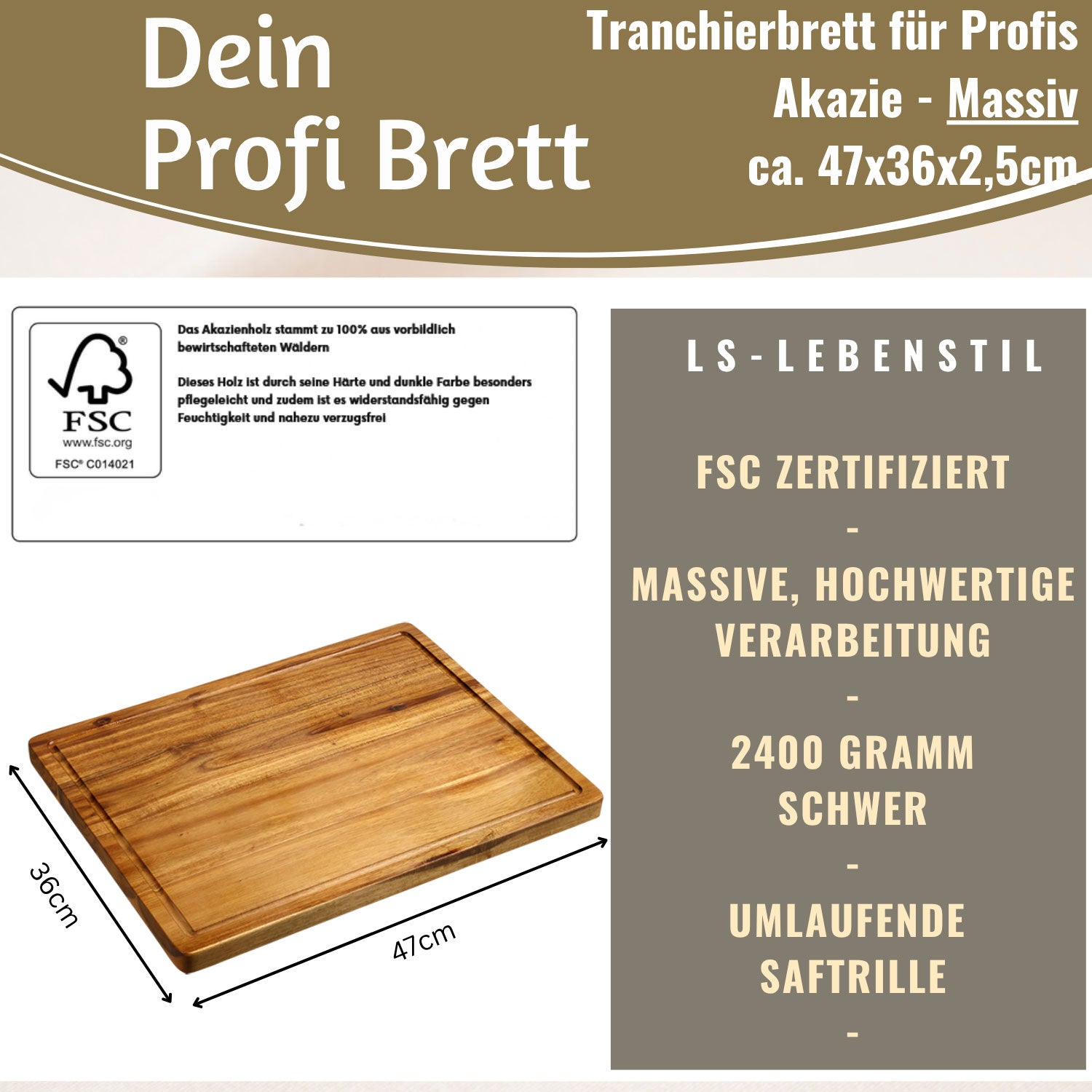 LS-LebenStil Küche & Haushalt Profi Schneidebrett Akazie 47x36cm