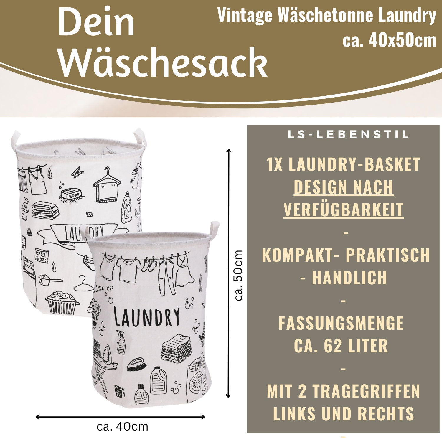 LS-LebenStil Laundry Wäschesack Canvas 62L creme 50cm faltbar