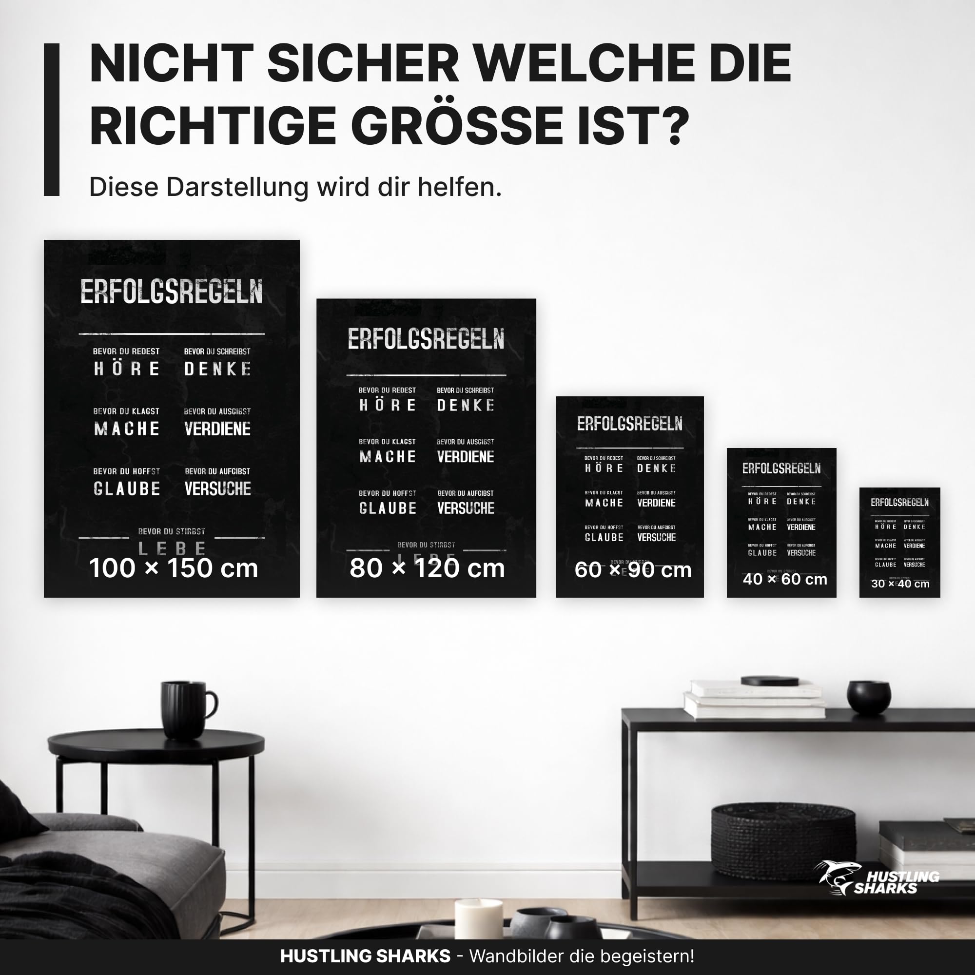 Hustling Sharks Wandbilder Erfolgsregeln Leinwand 30x40 schwarz