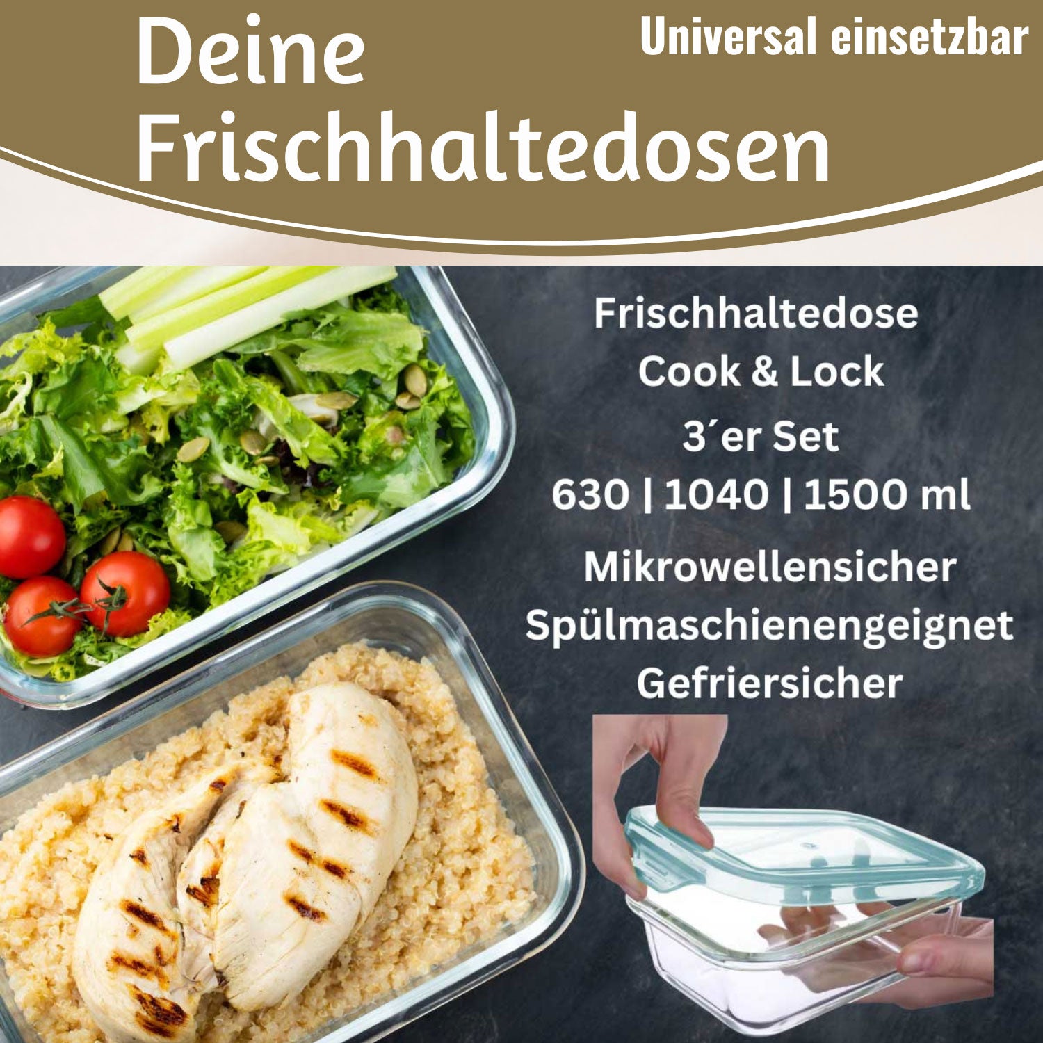 LS-LebenStil Cook & Lock Frischhaltedose Glas 3er Set eckig