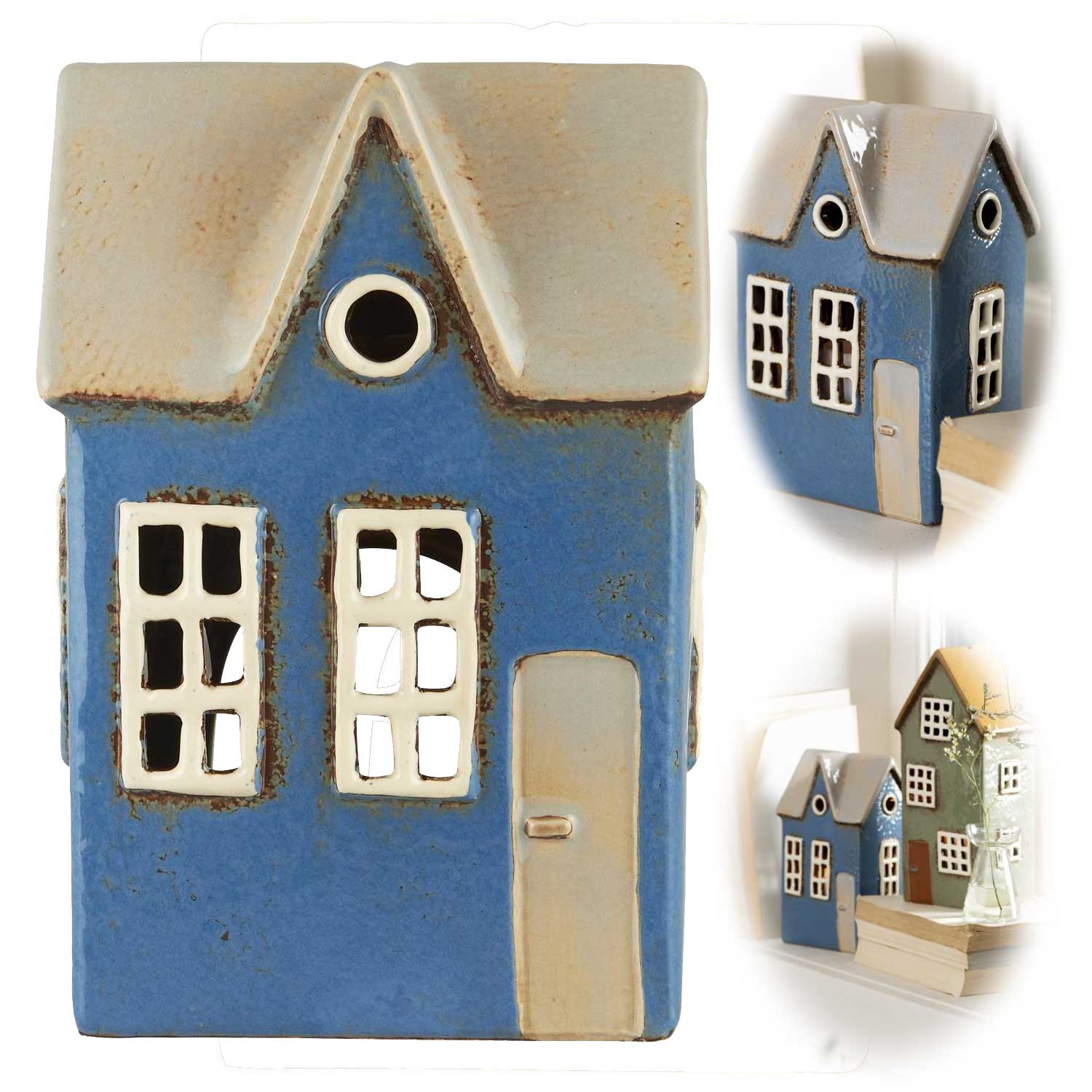 LS-LebenStil Nyhavn Teelichthaus 17cm Blau Keramik Fachwerkhaus