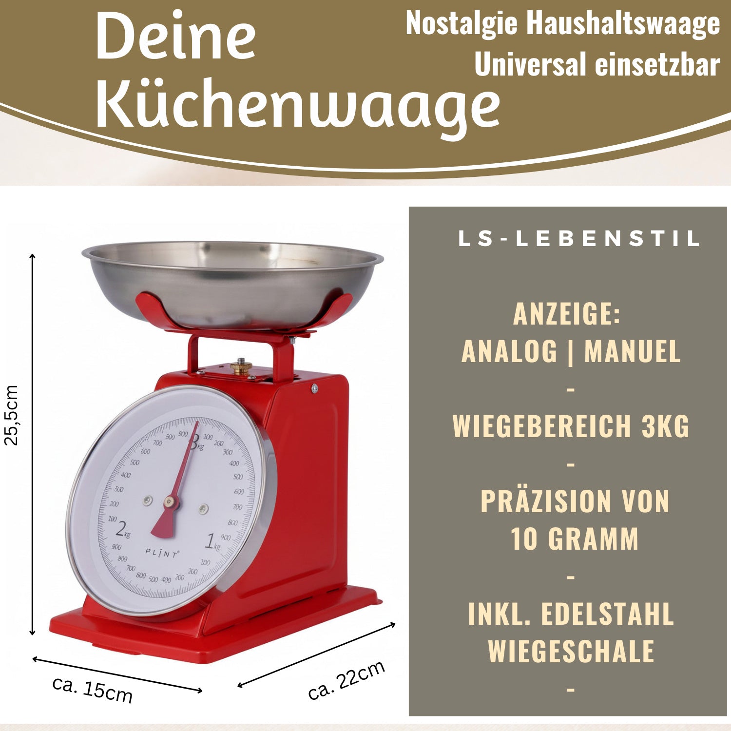 Vintage Küchenwaage Retro Rot Analog 3kg Edelstahlschale