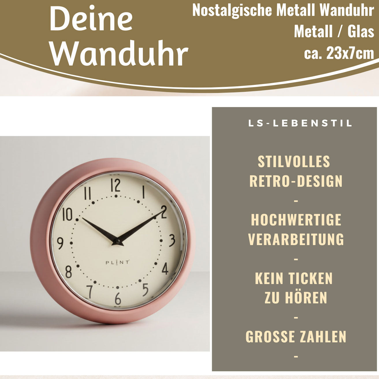 LS-LebenStil Wanduhr Creme-Rose 23cm Metall Vintage Retro