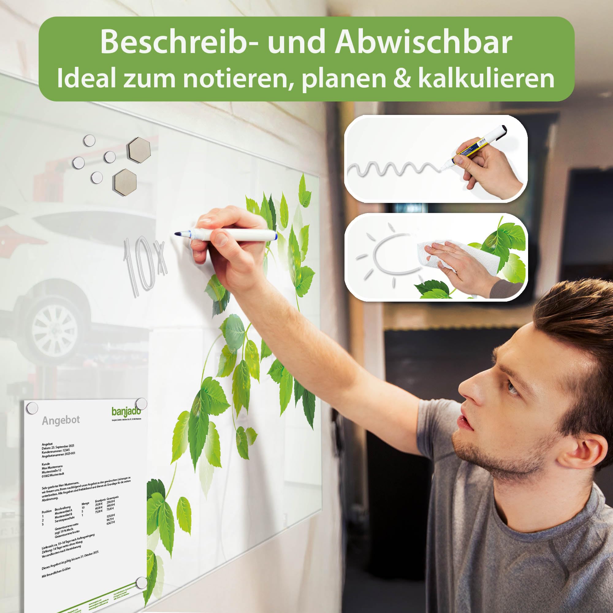 Banjado Magnettafel Ranke Gelb Weiß Glasboard 120x80 cm Muster