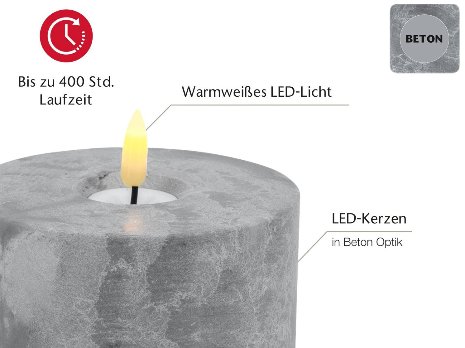 LS-LebenStil LED Teelicht XXL 5x10cm Grau Beton-Optik Timer