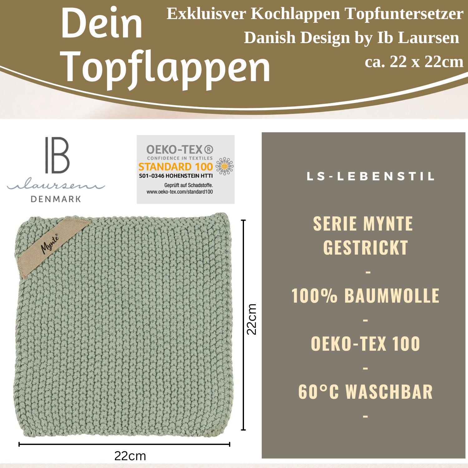 LS-LebenStil Mynte Topflappen Baumwolle staubig grün 22 cm