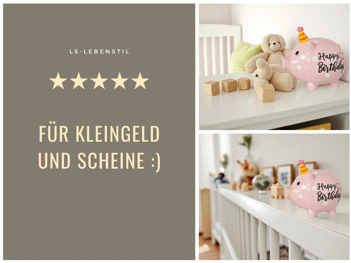 LS-LebenStil Sparschwein Keramik Spardose rosa Happy Birthday 14 cm