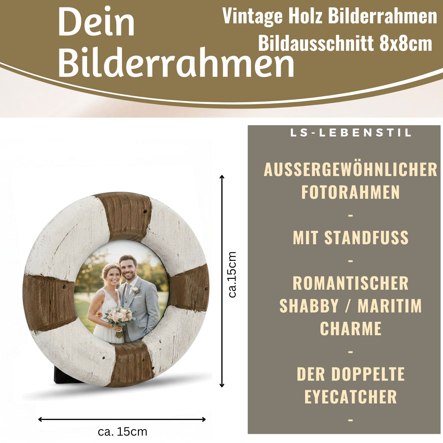 LS-LebenStil Vintage Holz Bilderrahmen 15cm Steuerrad Rund