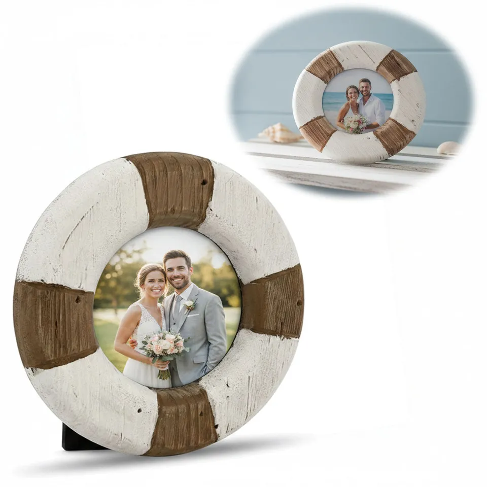 LS-LebenStil Vintage Holz Bilderrahmen 15cm Steuerrad Rund