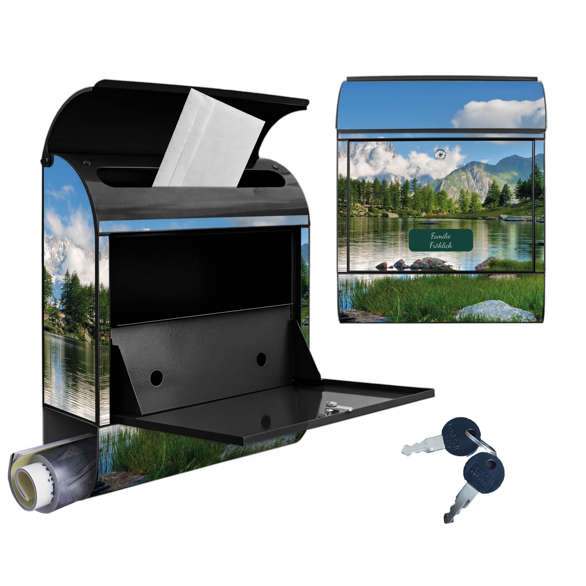 Banjado Briefkasten Gebirgssee Postkasten Schwarz mit Name A4
