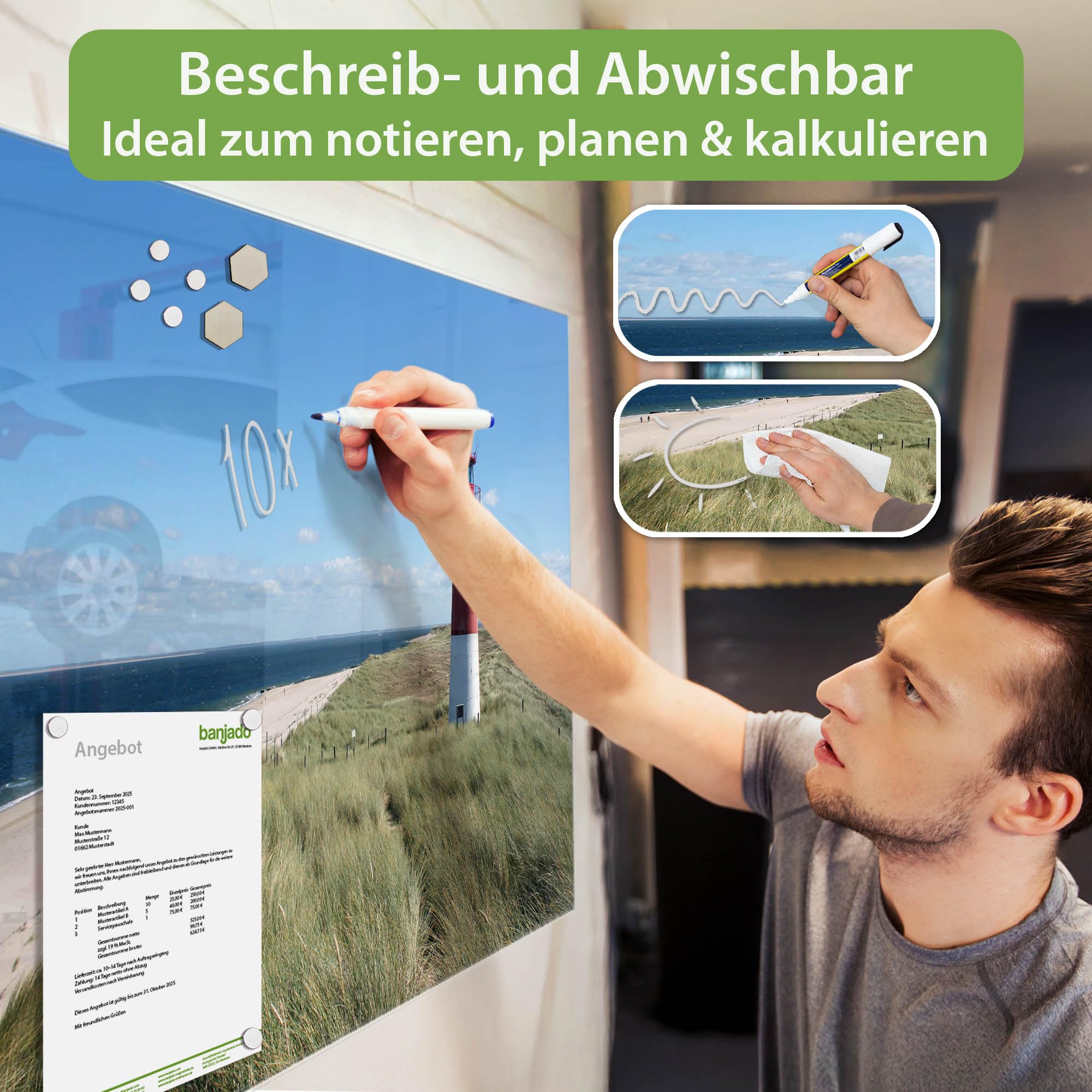 Banjado Magnettafel Leuchtturm Brandung Magnetboard 120x80 cm